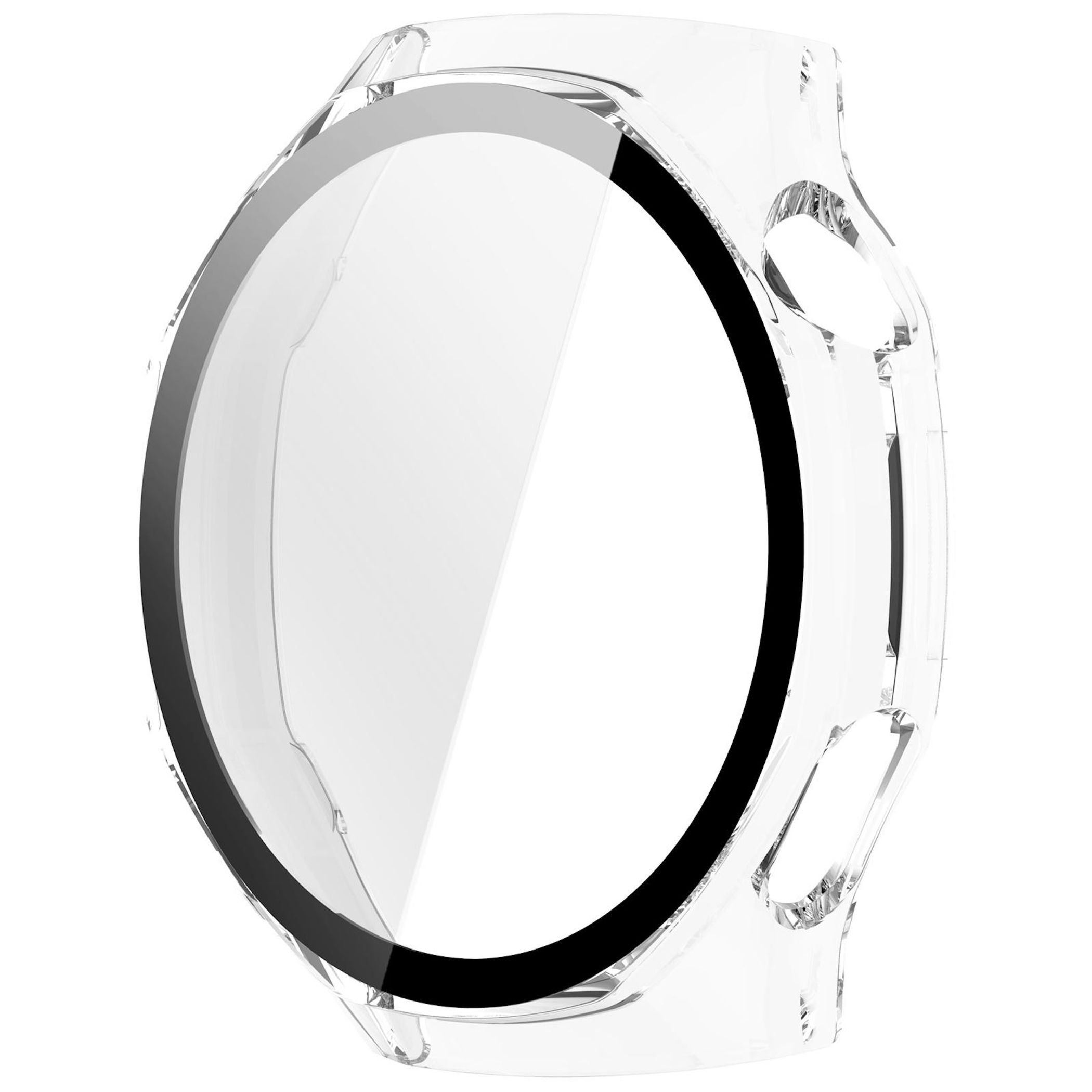 Eine transparente Schutzhülle für eine Uhr mit schwarzem, kreisförmigem Rand, vor weißem Hintergrund.