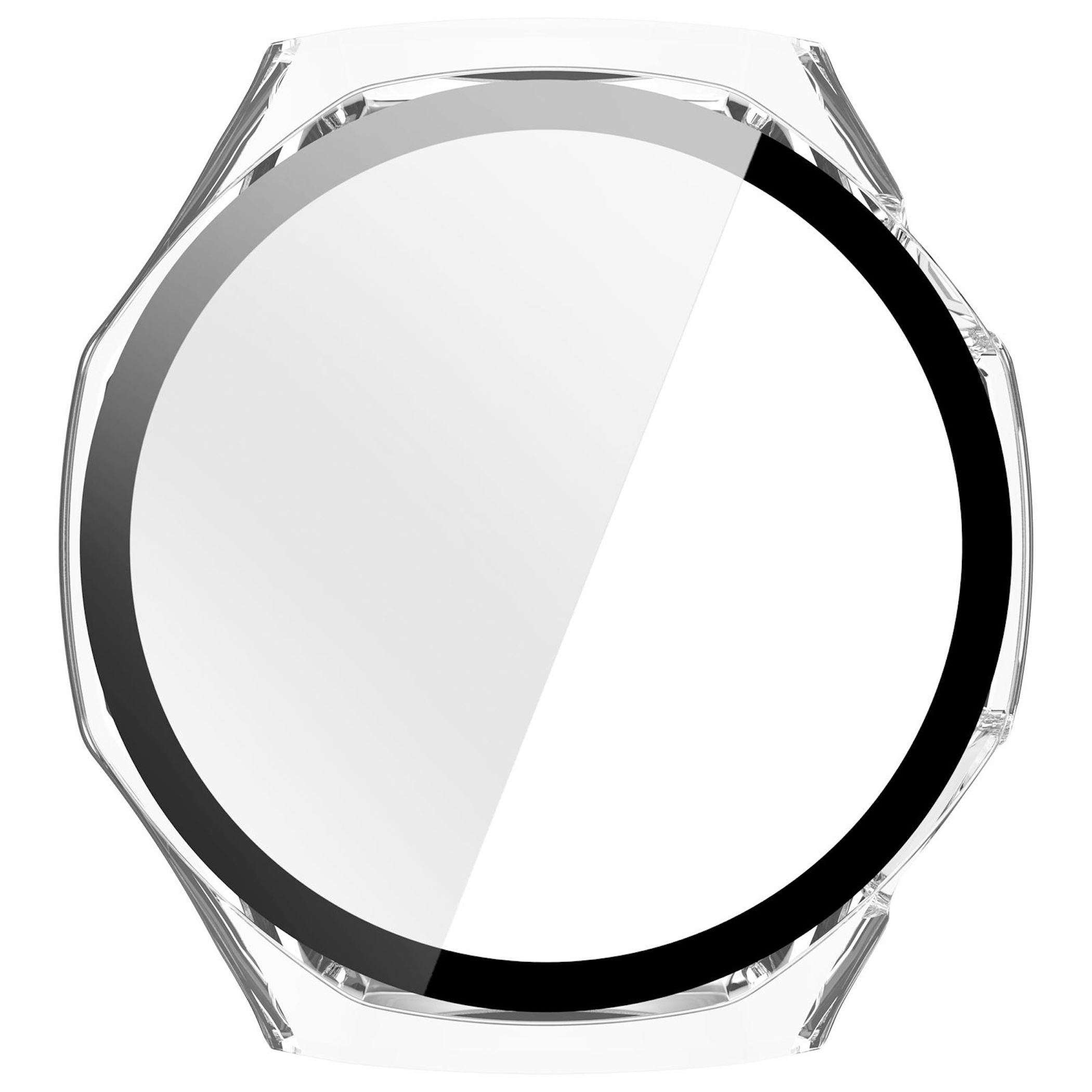 Eine transparente Schutzfolie für die Uhr mit schwarzem Rand. Die Form ist ein facettenreicher Kreis.