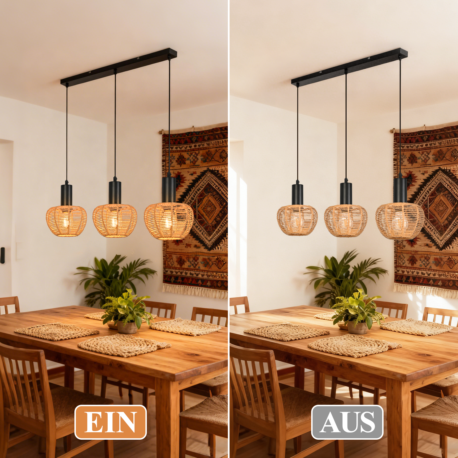 Esszimmer mit Holztisch, Stühlen und drei Pendelleuchten. Dekorativer Teppich an der Wand. Die Lichter sind an und aus.