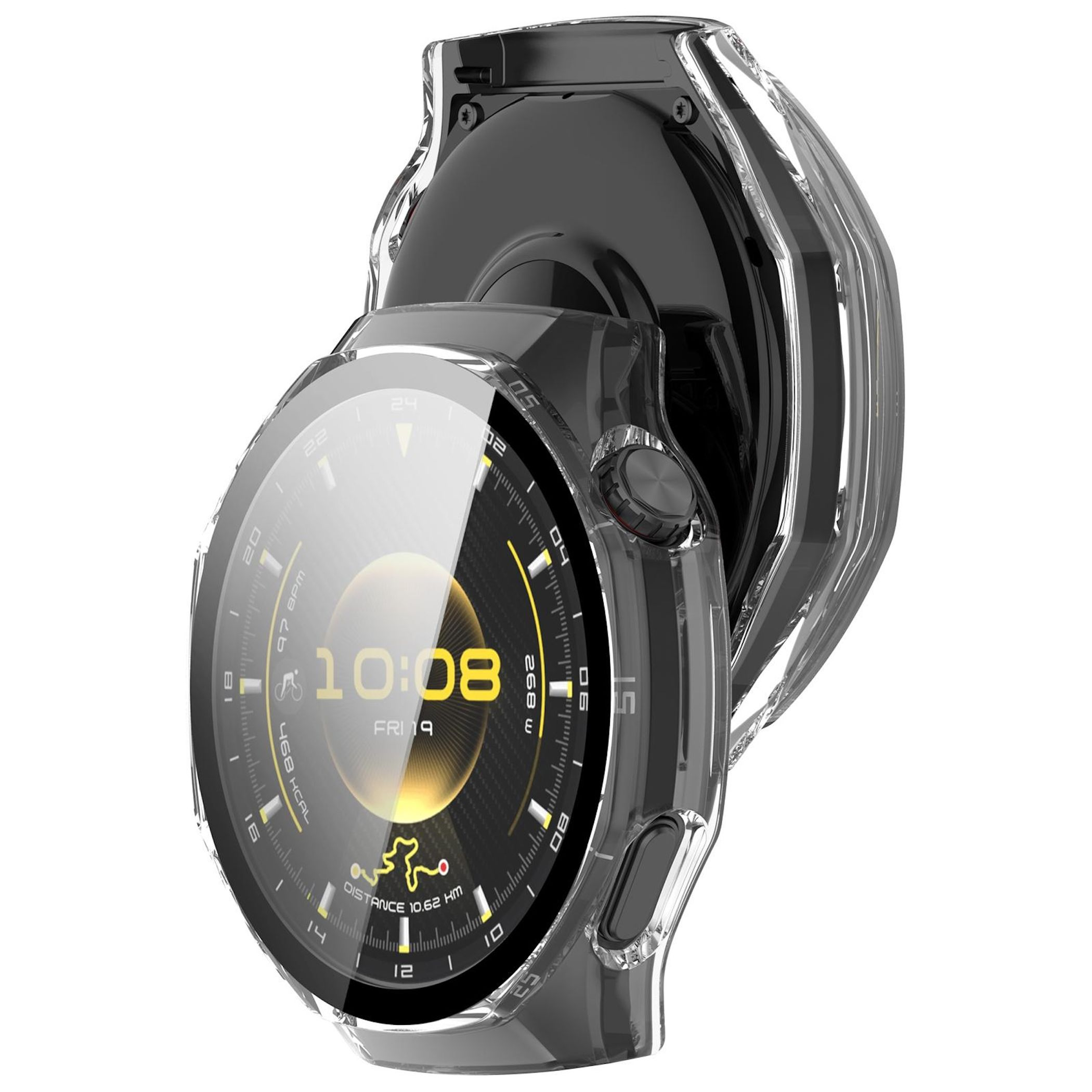 Eine Smartwatch mit transparentem Gehäuse zeigt Uhrzeit, Datum und Fitnessdaten an. Der Bildschirm zeigt 10:08 Uhr, Freitag, 19.