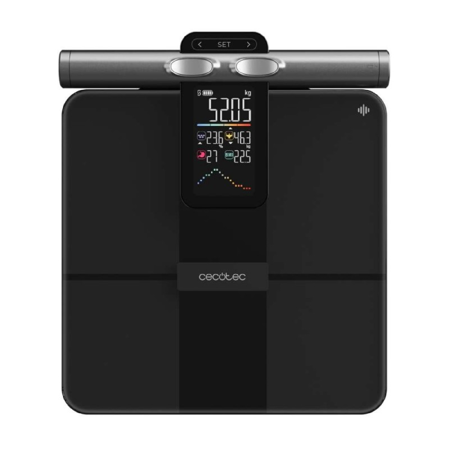 Una báscula digital negra con una barra plateada en la parte superior. La pantalla muestra peso, IMC y otras métricas de salud. La marca es visible.