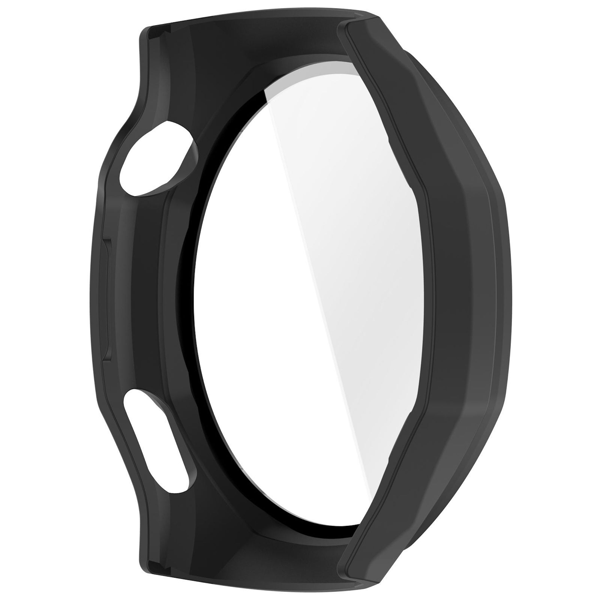 Cassa dell'orologio nera con schermo trasparente. Presenta due aperture ovali per i pulsanti e un design curvo.