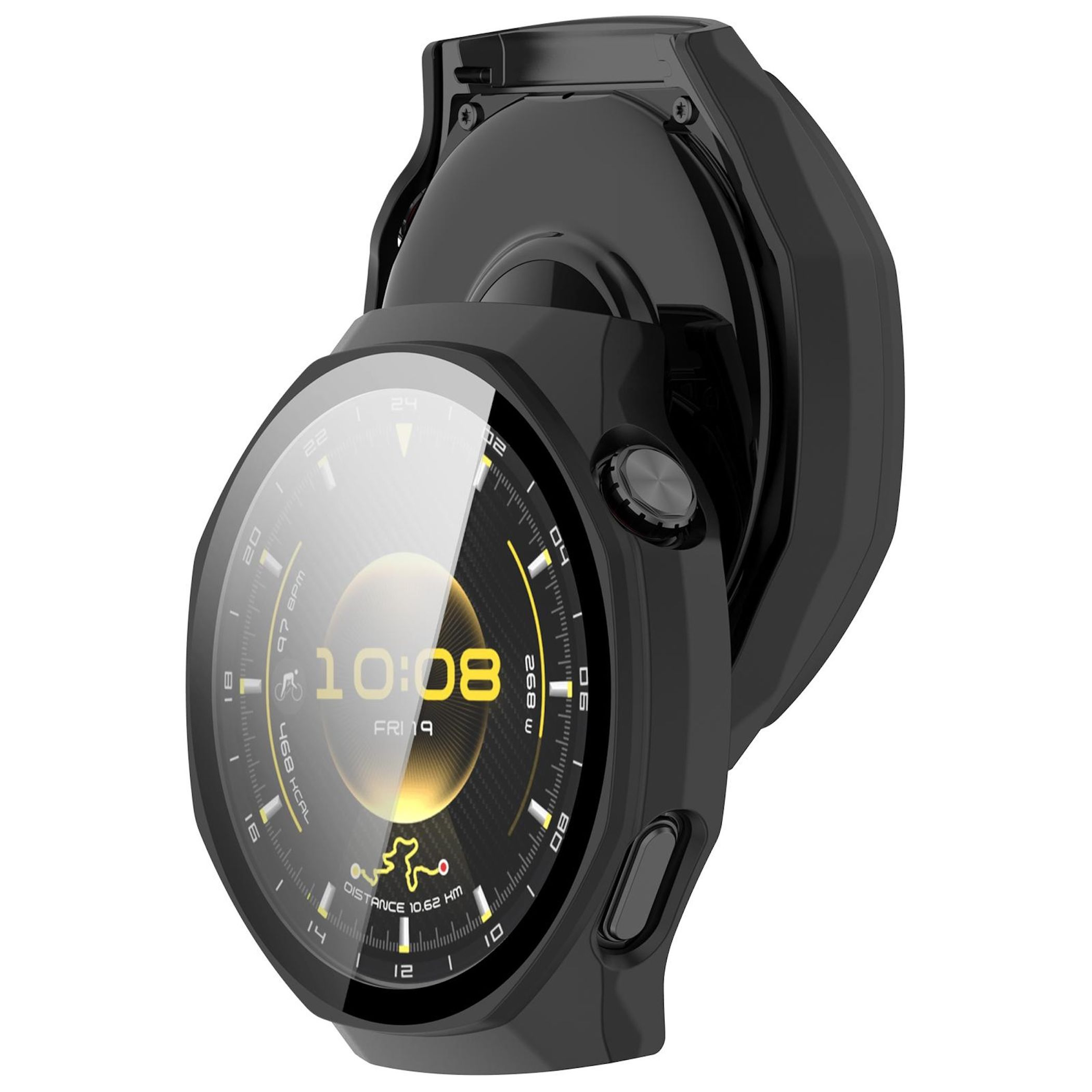 Smartwatch nero con display che mostra ora, statistiche e data. L'orologio è su una base di ricarica nera.