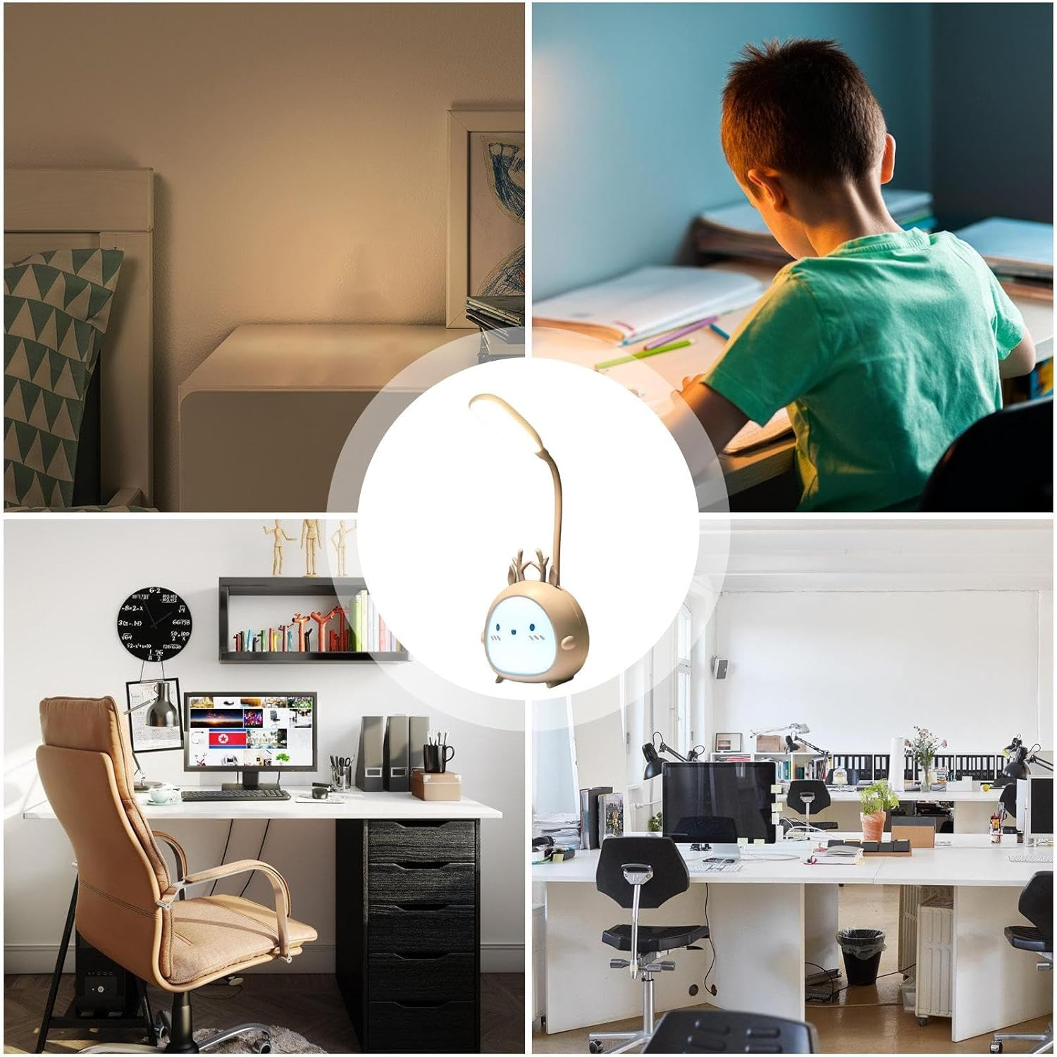 Eine Collage, die ein Schlafzimmer, ein Kind beim Lernen, ein Heimbüro und einen Büroraum zeigt, zentriert auf eine Cartoon-Lampe.