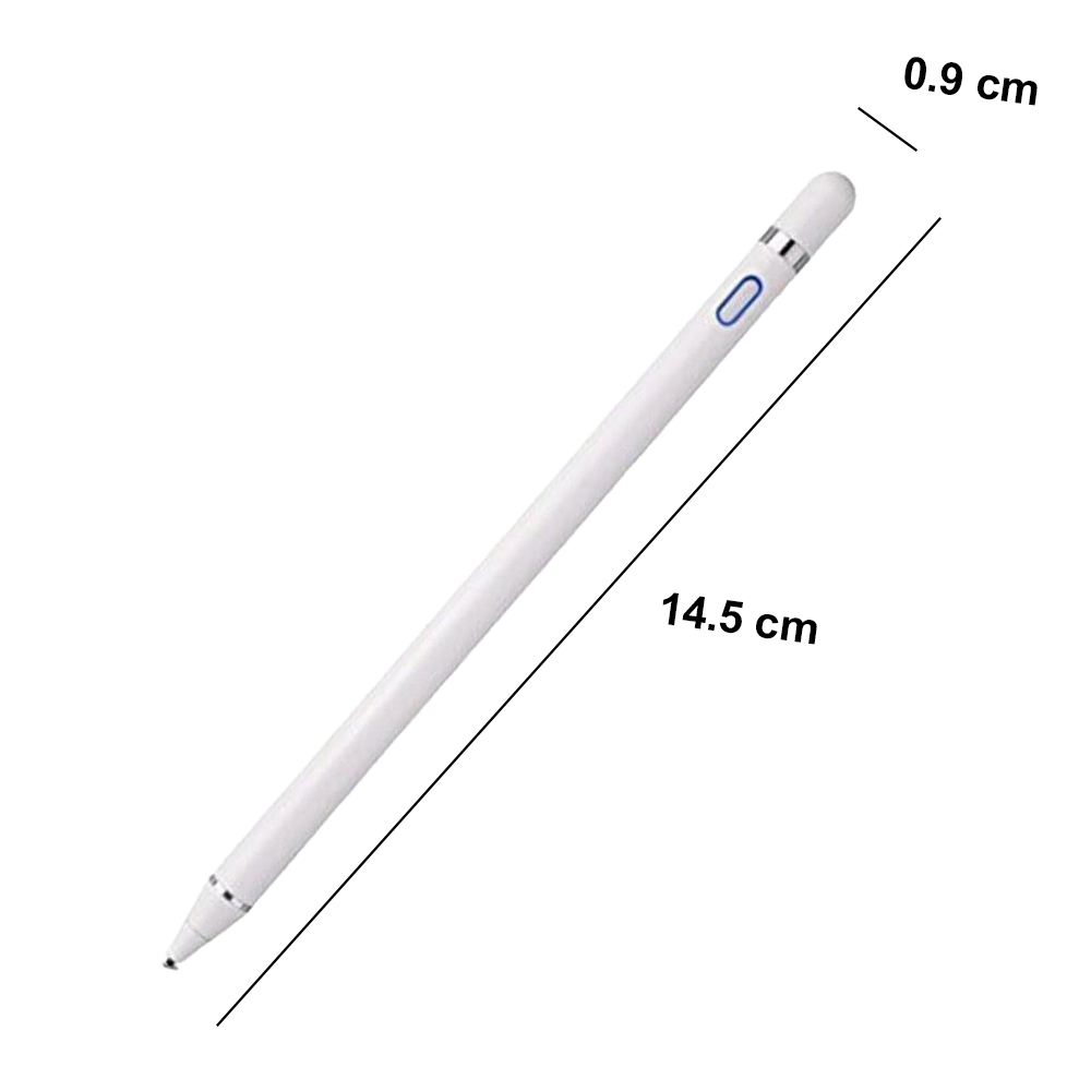 Ein weißer Stift, 14,5 cm lang und 0,9 cm breit. Er hat ein blaues Kontrolllicht und eine silberne Spitze, isoliert auf Weiß.