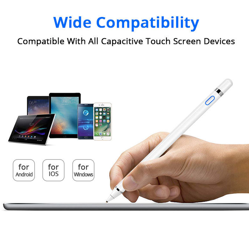 Eine Hand hält einen weißen Stift über einem Tablet. Dahinter sind verschiedene mobile Geräte. Text: Breite Kompatibilität.
