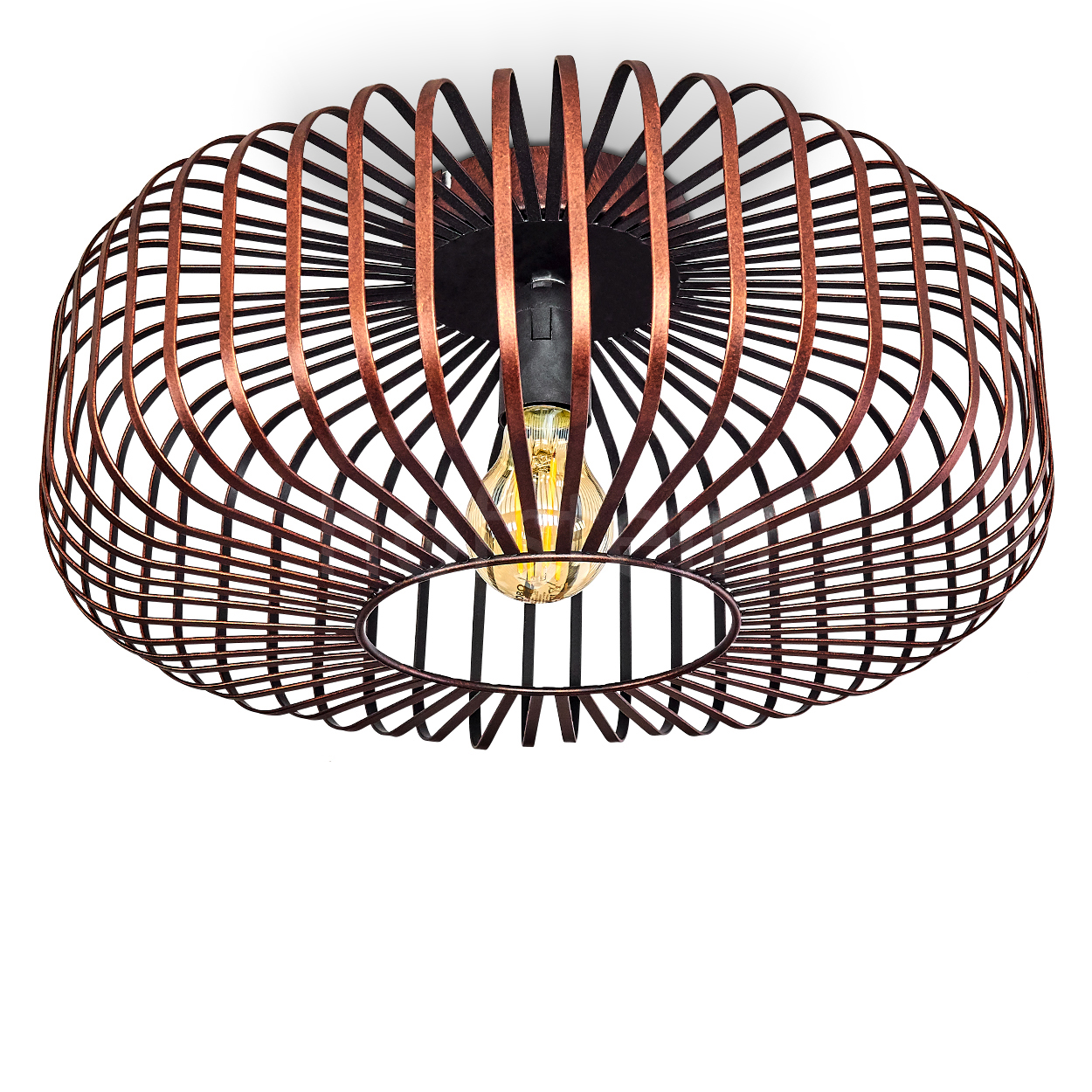 Eine dekorative Deckenlampe mit einem bronzefarbenen Metallkäfig und einer sichtbaren Glühbirne im Zentrum, vor weißem Hintergrund.