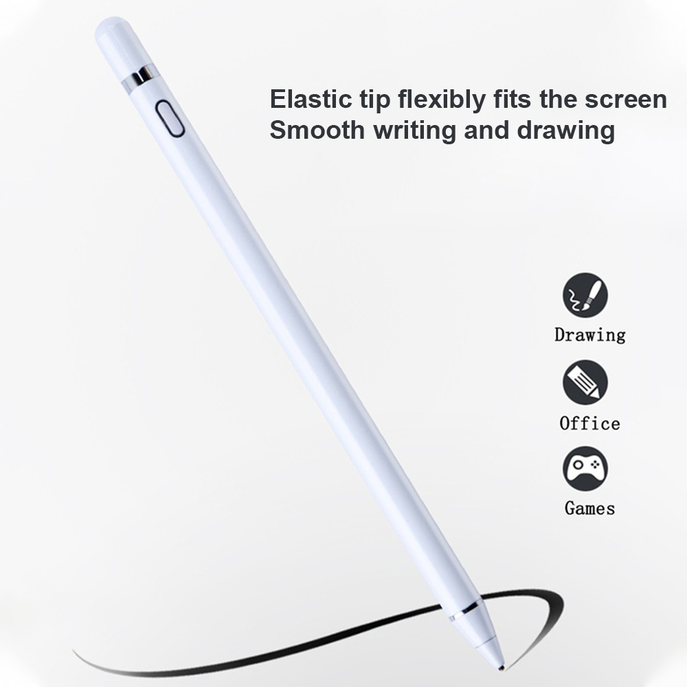 Ein weißer Eingabestift mit einer schwarzen geschwungenen Linie. Text: Elastische Spitze passt auf den Bildschirm. Icons: Zeichnen, Büro, Spiele.