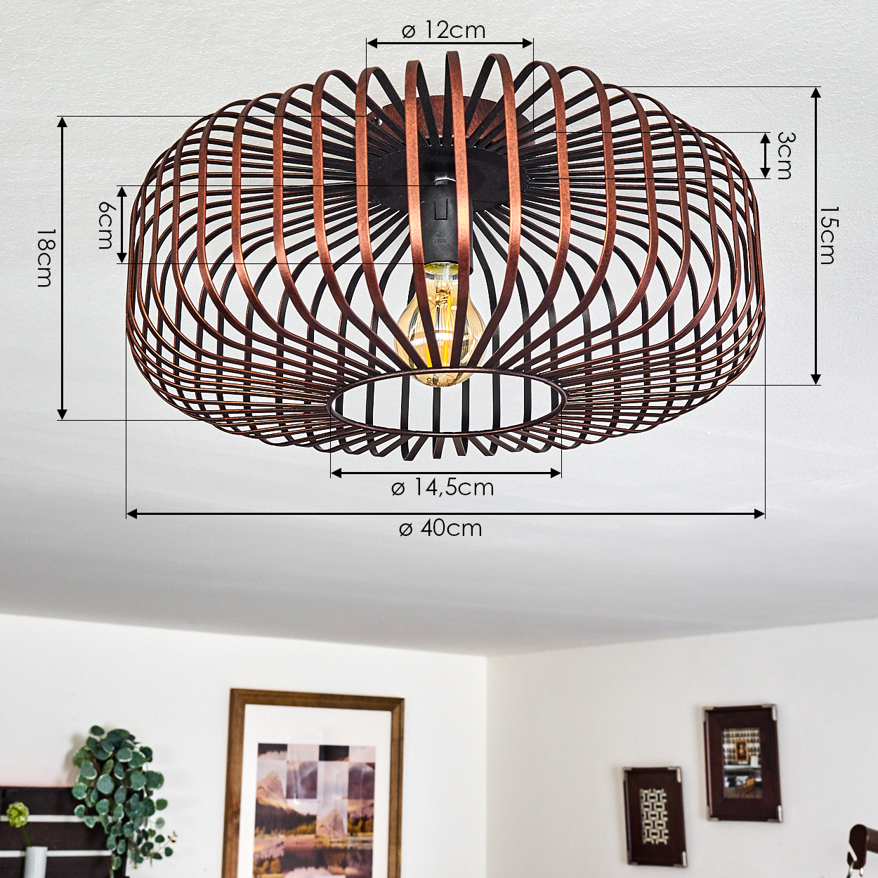 Eine bronzefarbene, käfigartige Deckenleuchte mit sichtbarer Glühbirne. Abmessungen sind beschriftet: 40 cm Durchmesser, 18 cm Höhe. Kunst und Pflanzen im Hintergrund.