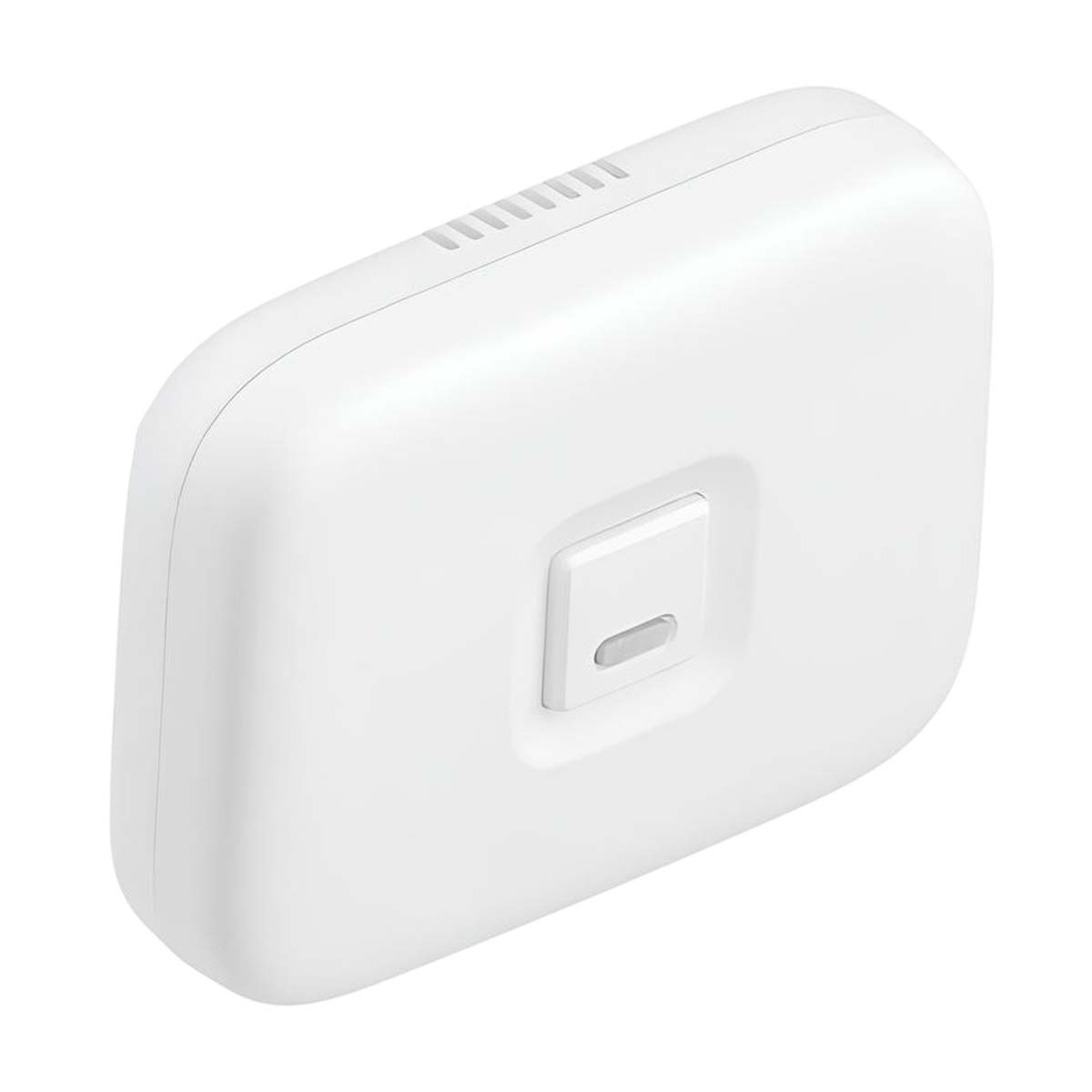 Un dispositivo bianco e rettangolare con un piccolo pulsante. Ha una serie di creste sulla parte superiore. Lo sfondo è bianco.