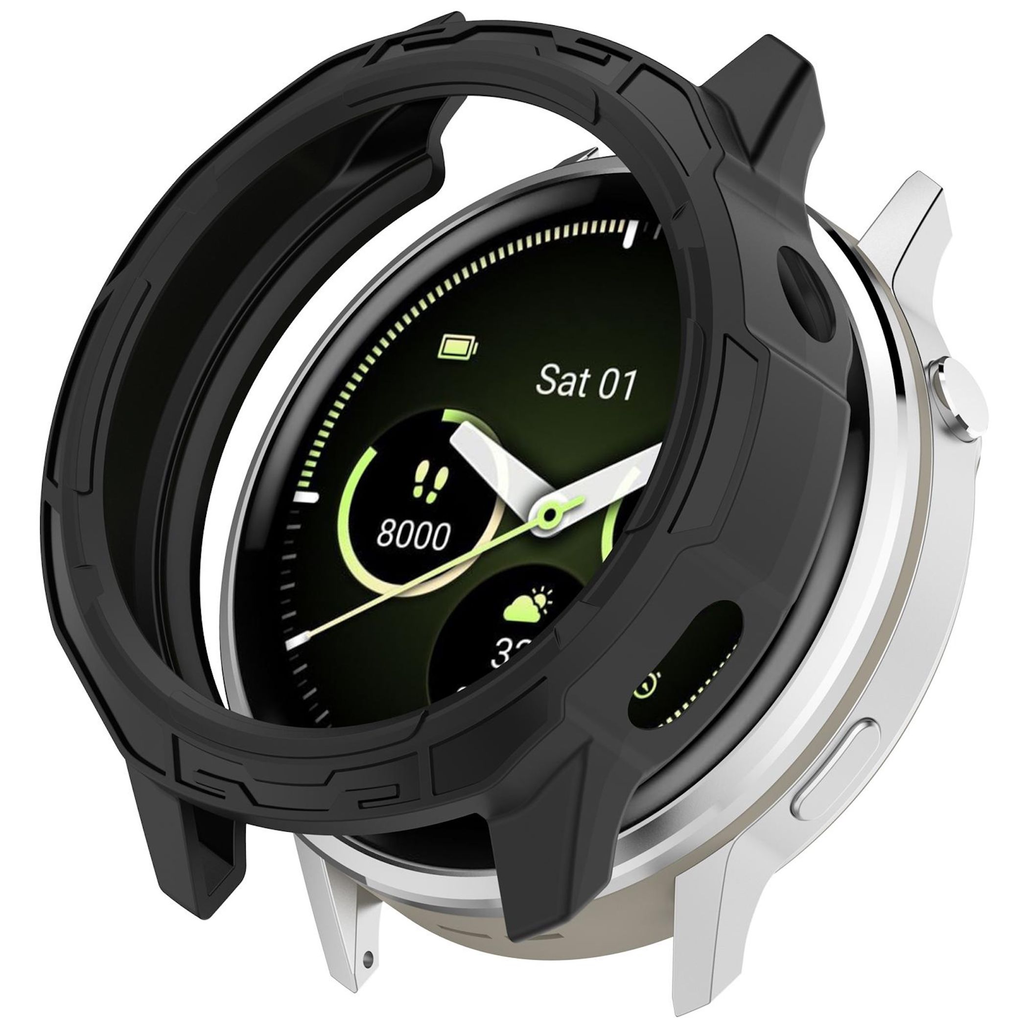 Eine Smartwatch mit schwarzem Schutzgehäuse. Das Zifferblatt zeigt Datum, Uhrzeit und Aktivitätsmetriken an.
