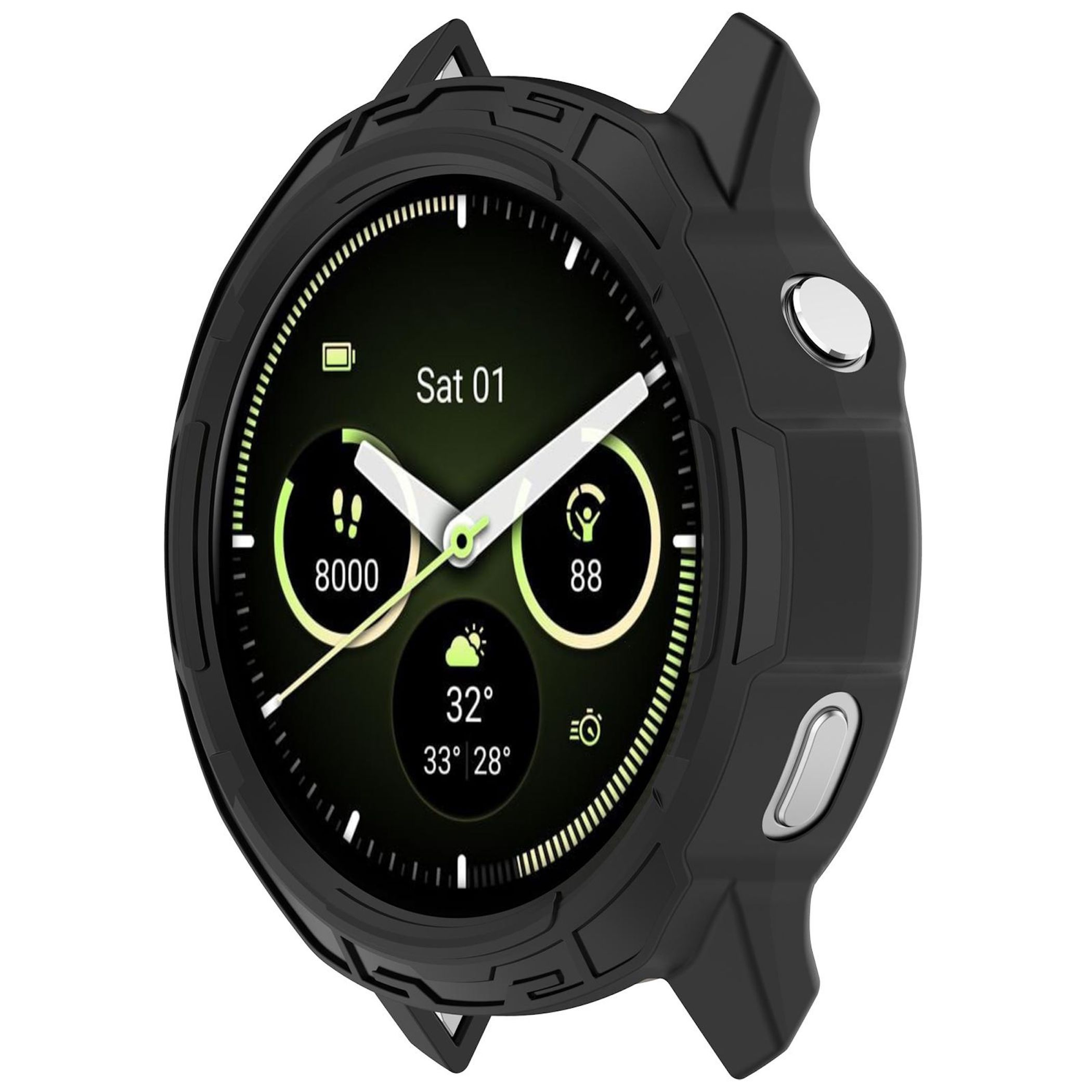 Schwarze Smartwatch mit Schutzhülle. Das Display zeigt Datum, Schritte, Herzfrequenz, Wetter und Akkuladung.
