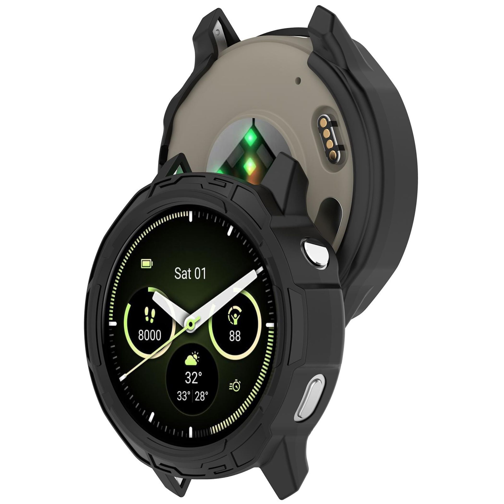 Schwarze Smartwatch mit Gehäuse. Der Bildschirm zeigt Datum, Schritte, Herzfrequenz und Temperatur.