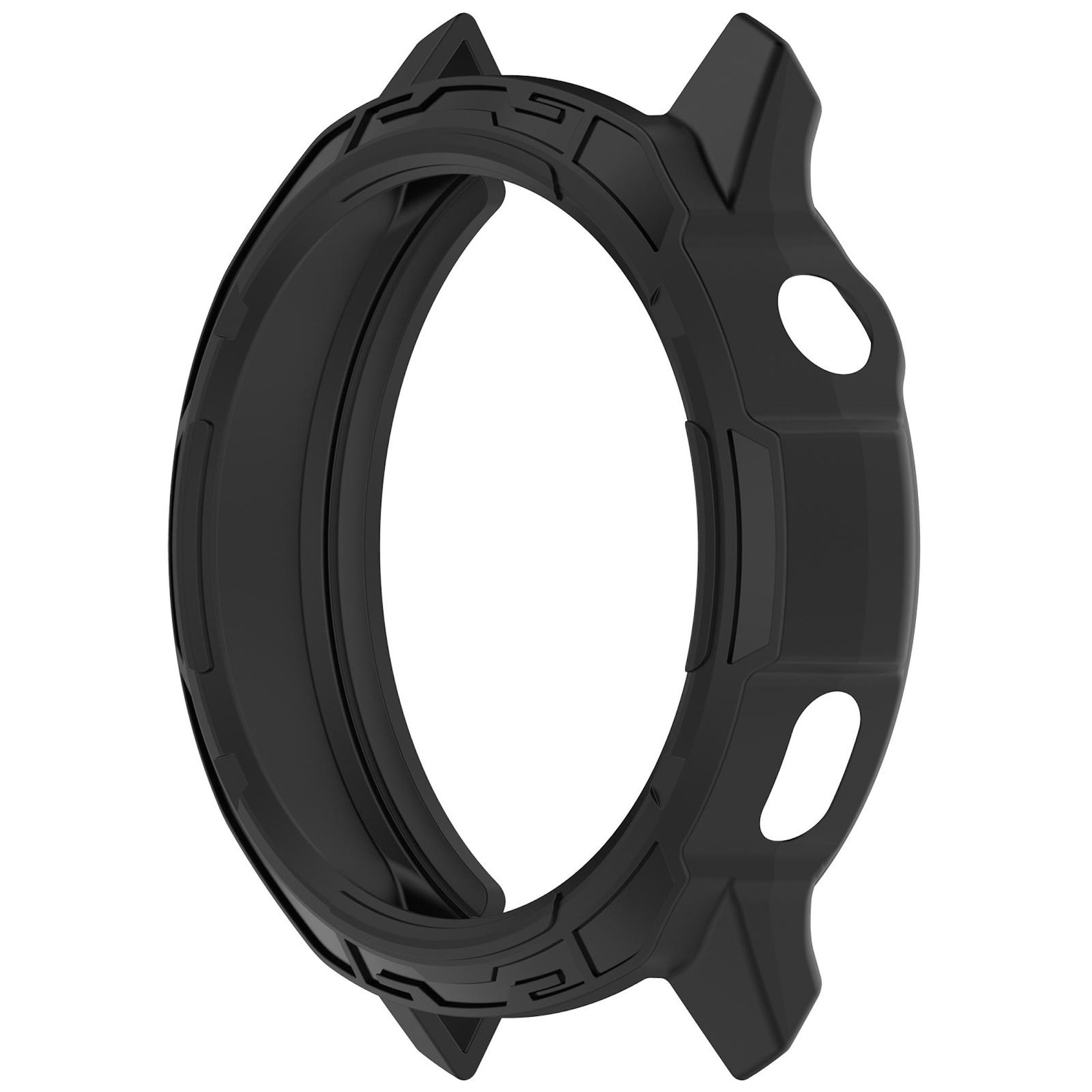 Eine schwarze Uhrenhülle mit ovaler Form und zwei seitlichen Vorsprüngen. Weißer Hintergrund.
