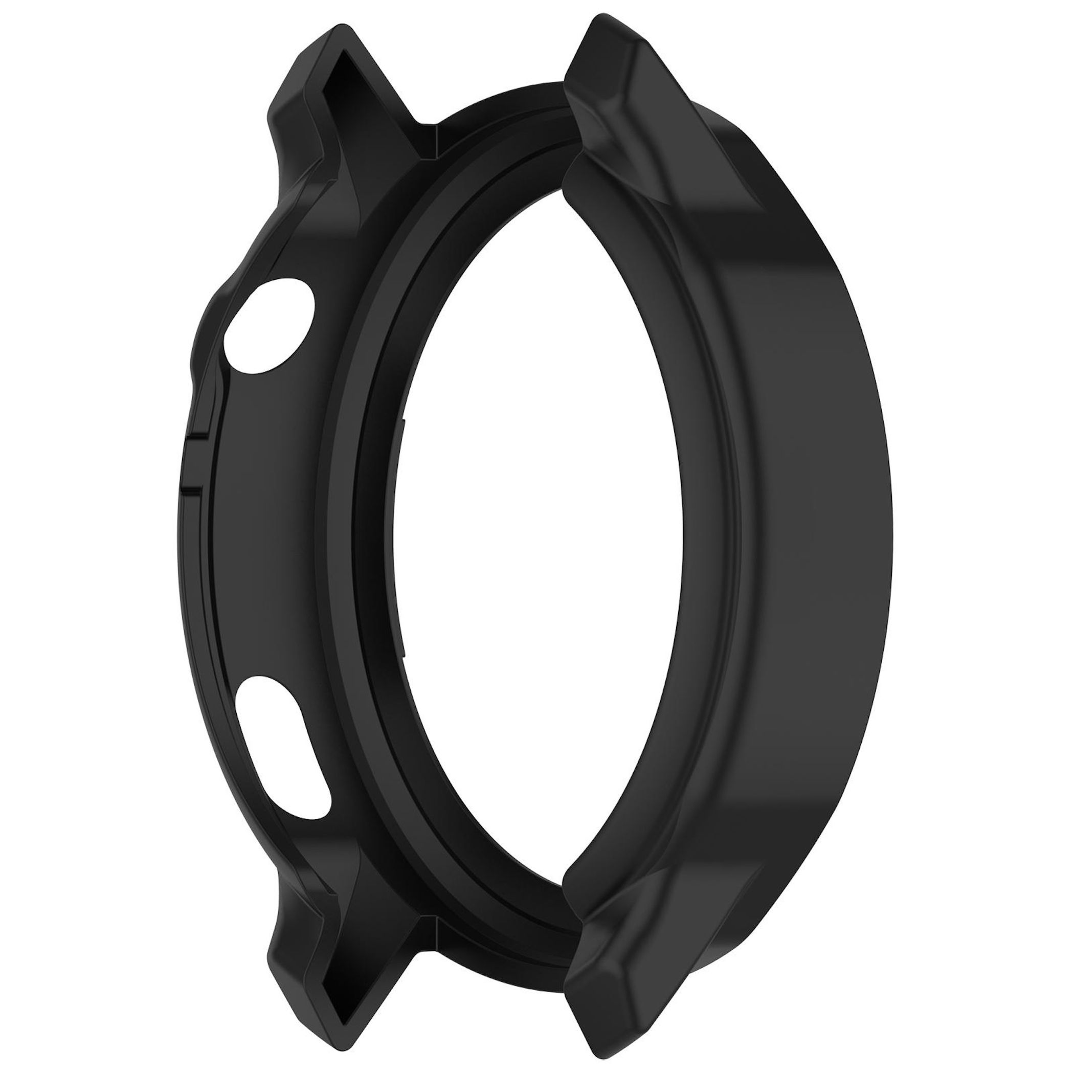 Eine schwarze Uhrenhülle mit offenem Design. Sie hat Aussparungen und ist vor weißem Hintergrund.