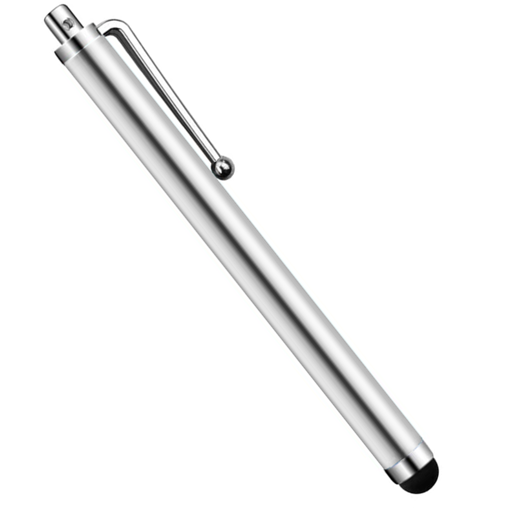Ein silberner Eingabestift auf weißem Hintergrund. Er hat einen Clip und eine schwarze Spitze für Touchscreens.