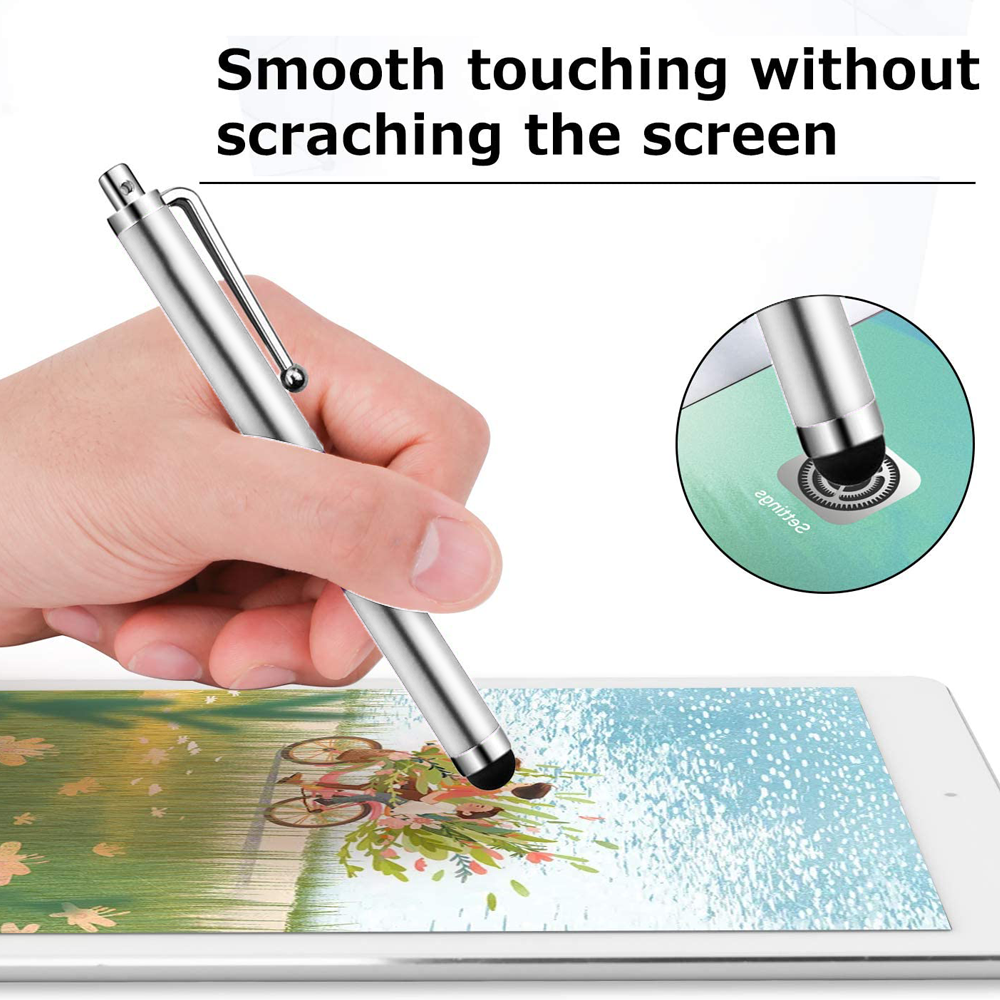 Eine Hand hält einen silbernen Stift über einem Tablet. Die Stiftspitze berührt den Bildschirm. Text sagt: sanftes Berühren ohne Kratzen.