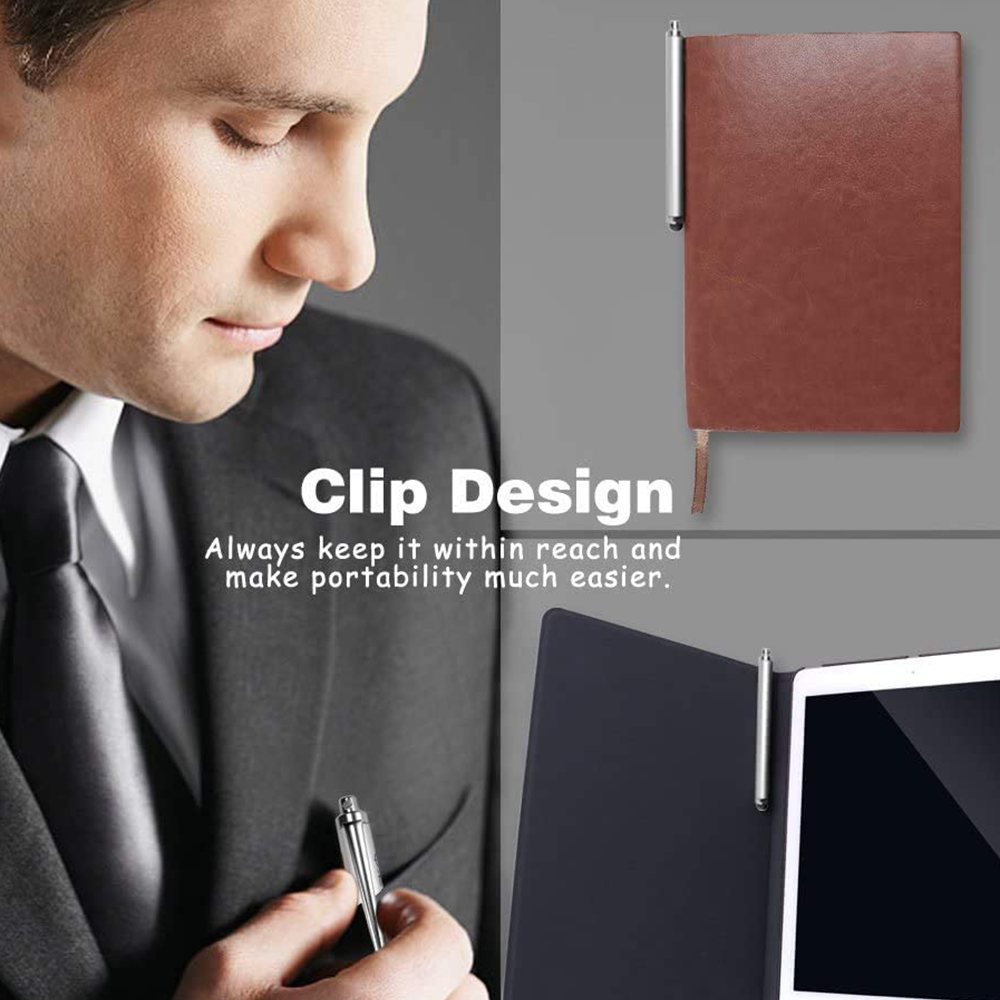 Ein Mann im Anzug hält einen Stift. Ein braunes Notizbuch und ein Tablet sind mit Stiften befestigt. Text: Clip Design.