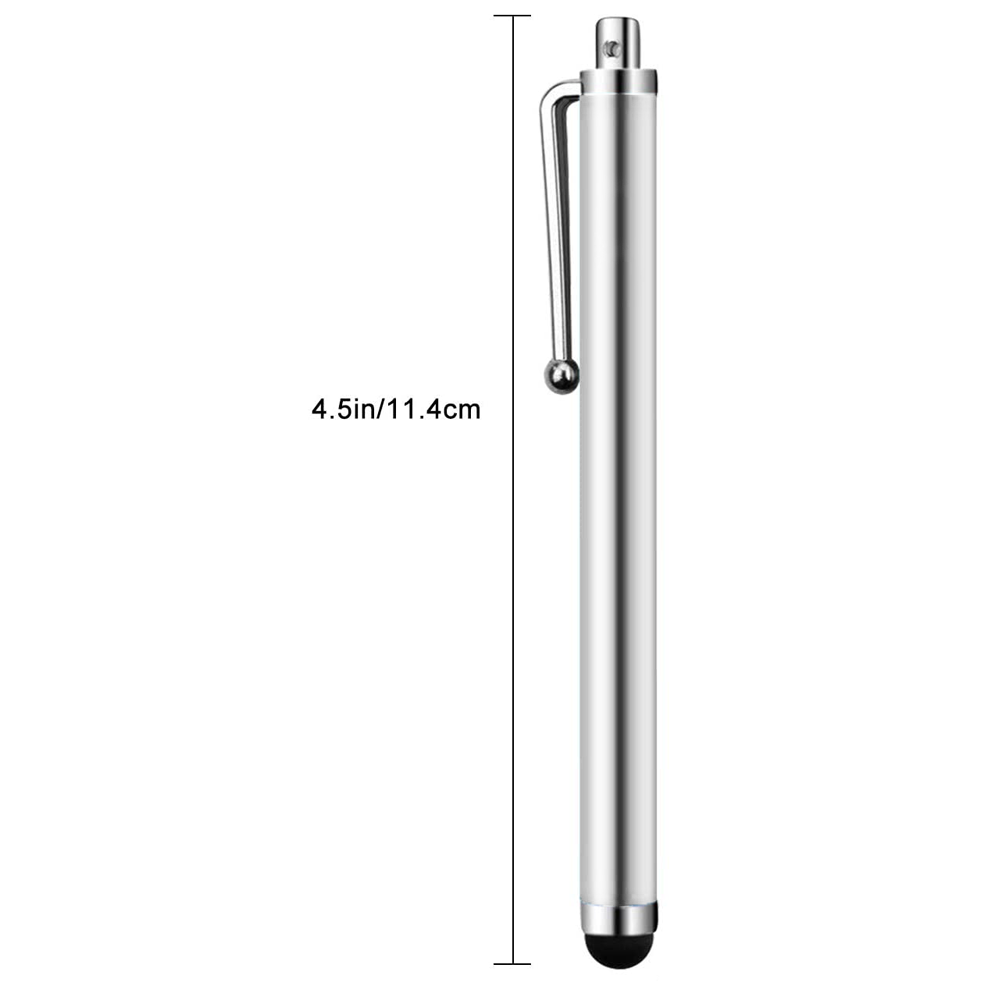 Ein silberner Eingabestift mit Clip, schwarzer Spitze und der Messung 4,5 Zoll/11,4 cm wird vor weißem Hintergrund angezeigt.