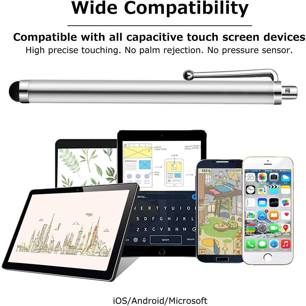 Ein Stift über Tablets und Smartphones. Die Geräte zeigen Inhalte und eine Tastatur. Der Text oben lautet 'Wide Compatibility'.