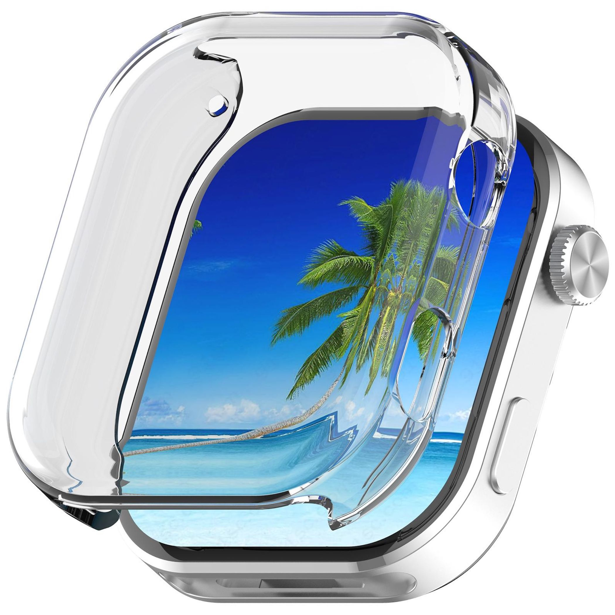 Eine transparente Uhrenhülle öffnet sich und zeigt eine Strandszene: Palmen, blauer Himmel und Meer. Die Uhr ist silberfarben.