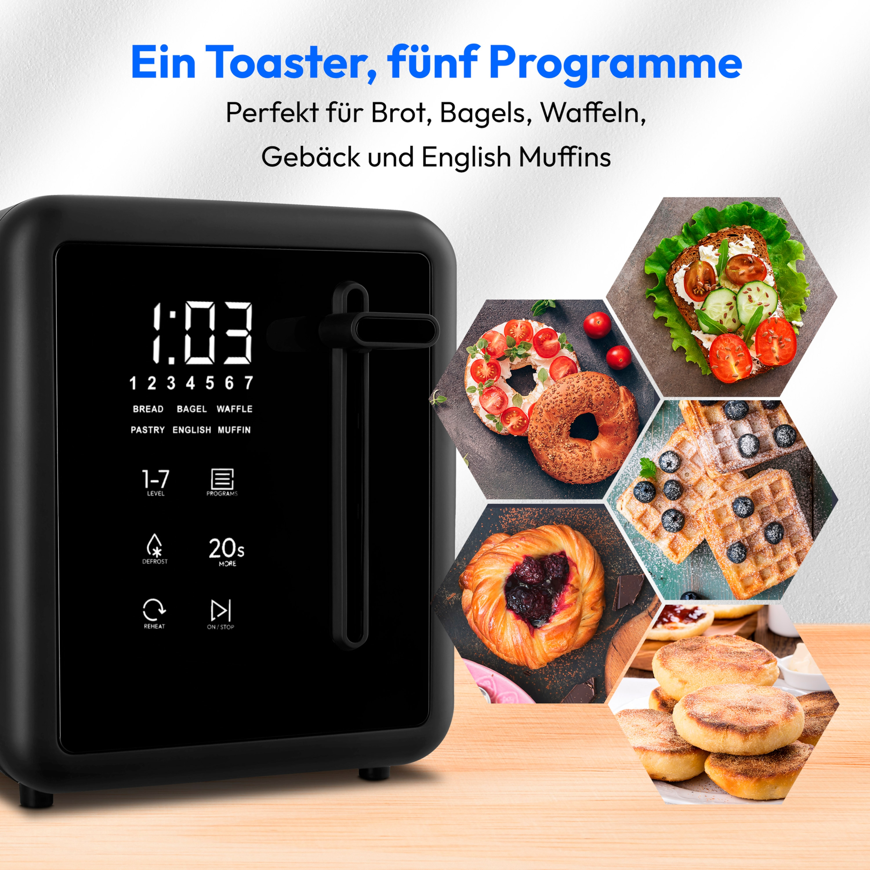 Tostapane nero con display digitale, ora 1:03. Include immagini di pane, bagel, waffle e muffin.
