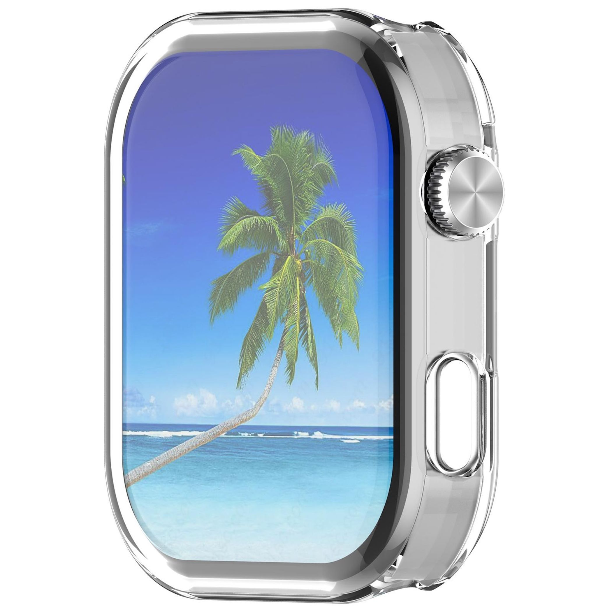 Eine transparente Uhrenhülle zeigt eine Strandszene mit einer Palme, blauem Himmel und Ozean.