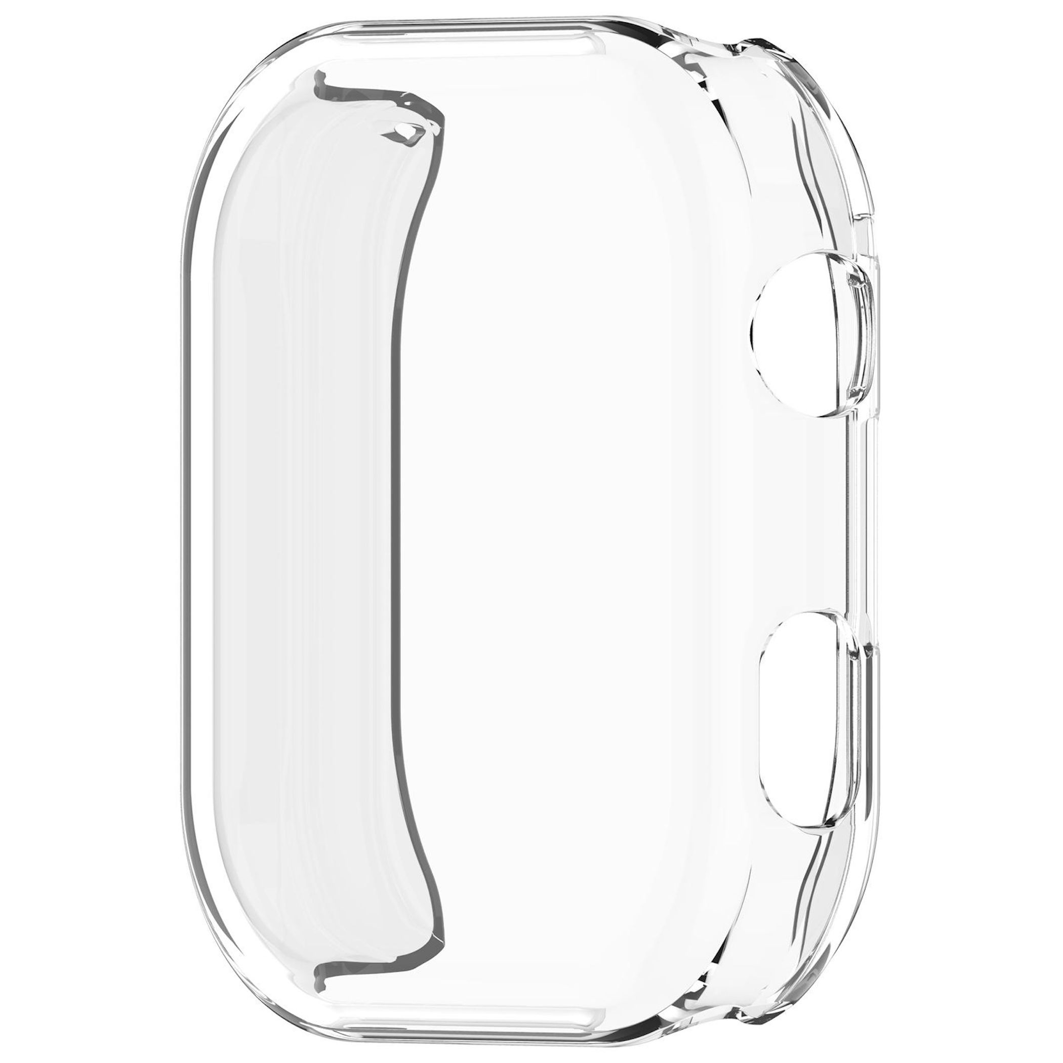 Eine transparente, gebogene Kunststoffhülle für eine Uhr, von vorne betrachtet. Sie hat abgerundete Kanten und Aussparungen.