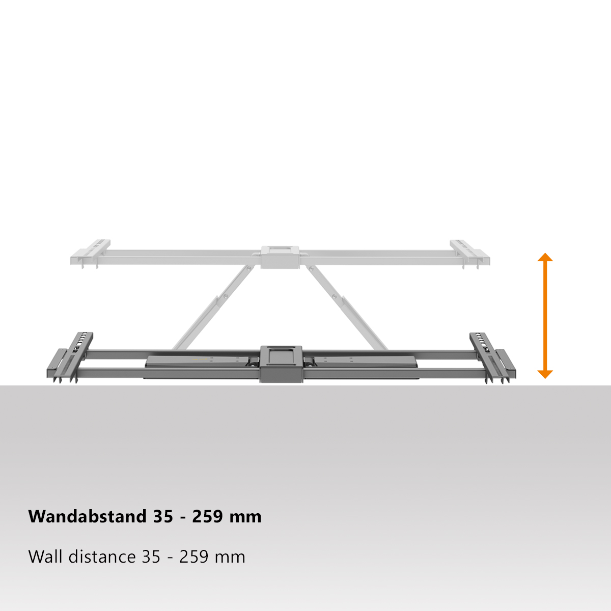 Diagramm einer Wandhalterung mit einstellbarem Abstand. Ein orangefarbener Pfeil zeigt den einstellbaren Bereich an.