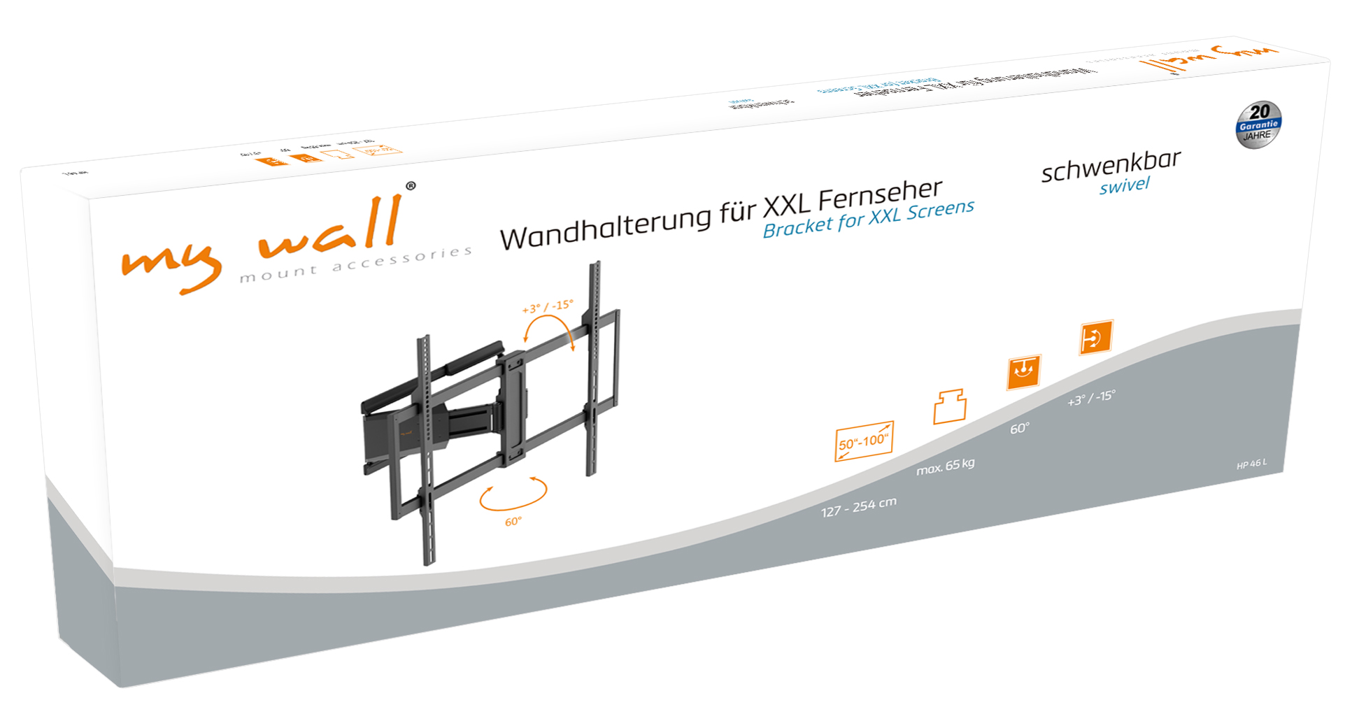 Karton für eine TV-Wandhalterung. Markenname ist my wall. Es ist eine schwenkbare Halterung für XXL-Bildschirme.