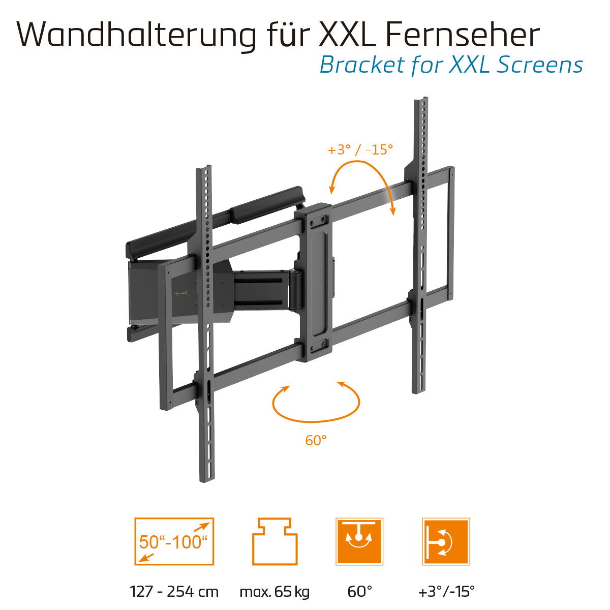 Eine schwarze TV-Wandhalterung mit verstellbaren Armen. Text gibt an, dass sie 50"-100" Bildschirme, max. 65 kg unterstützt und Neige-/Schwenkfunktionen hat.