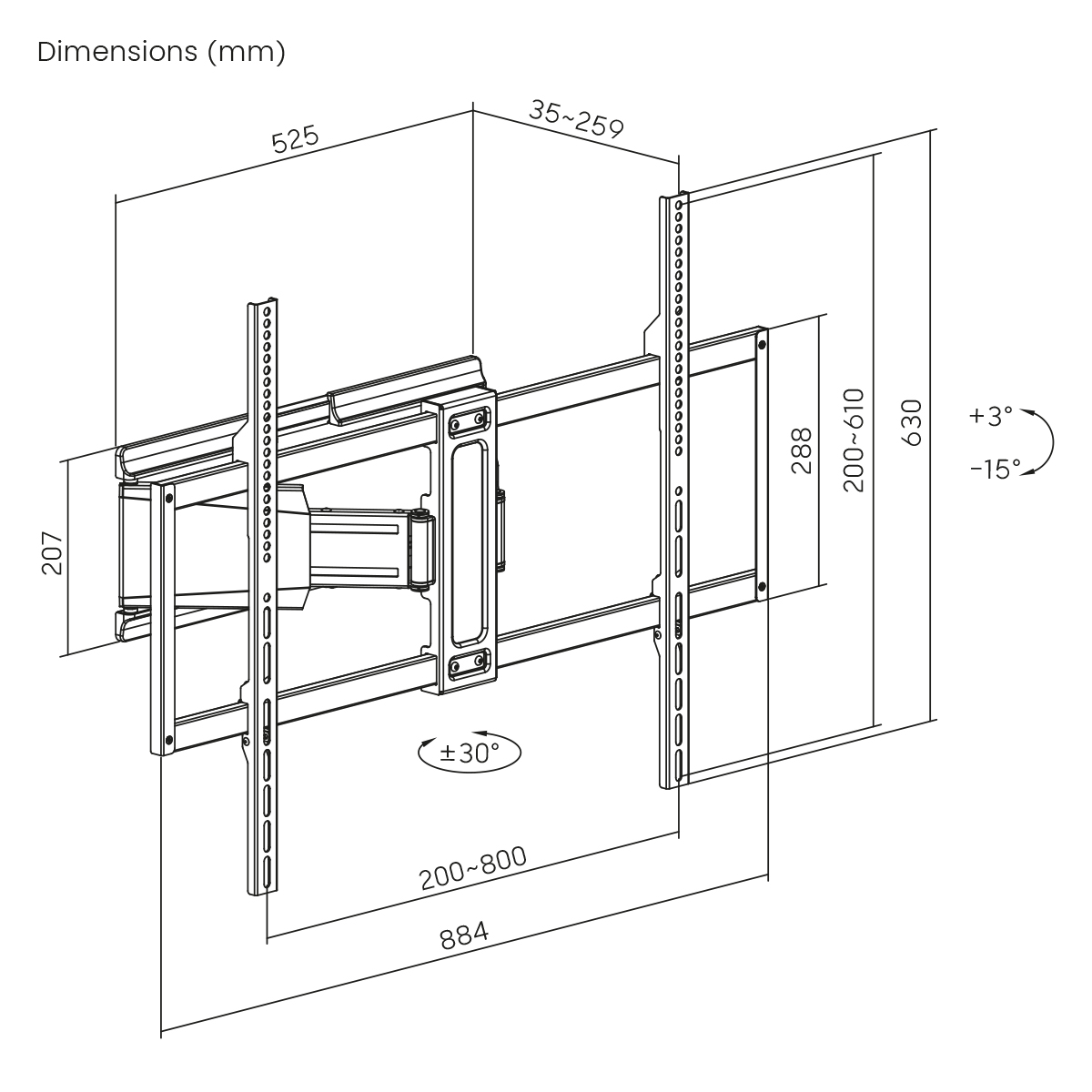 Diagramm einer TV-Wandhalterung mit Abmessungen. Zeigt Maße in Millimetern, einschließlich Längen und Winkel für die Installation.