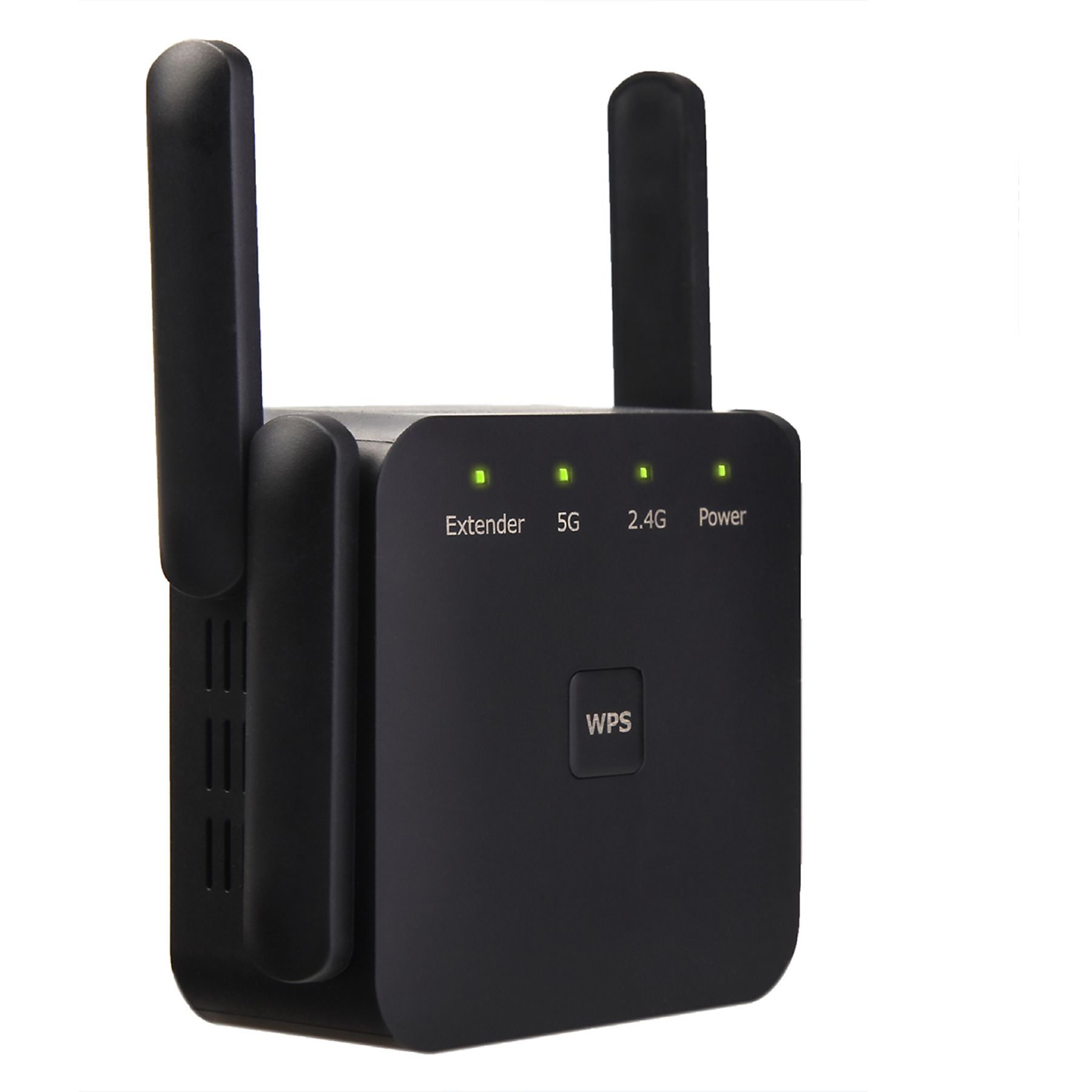 Schwarzer WLAN-Repeater mit zwei Antennen, grünen Statuslichtern und einer WPS-Taste. Isoliert auf weißem Hintergrund.