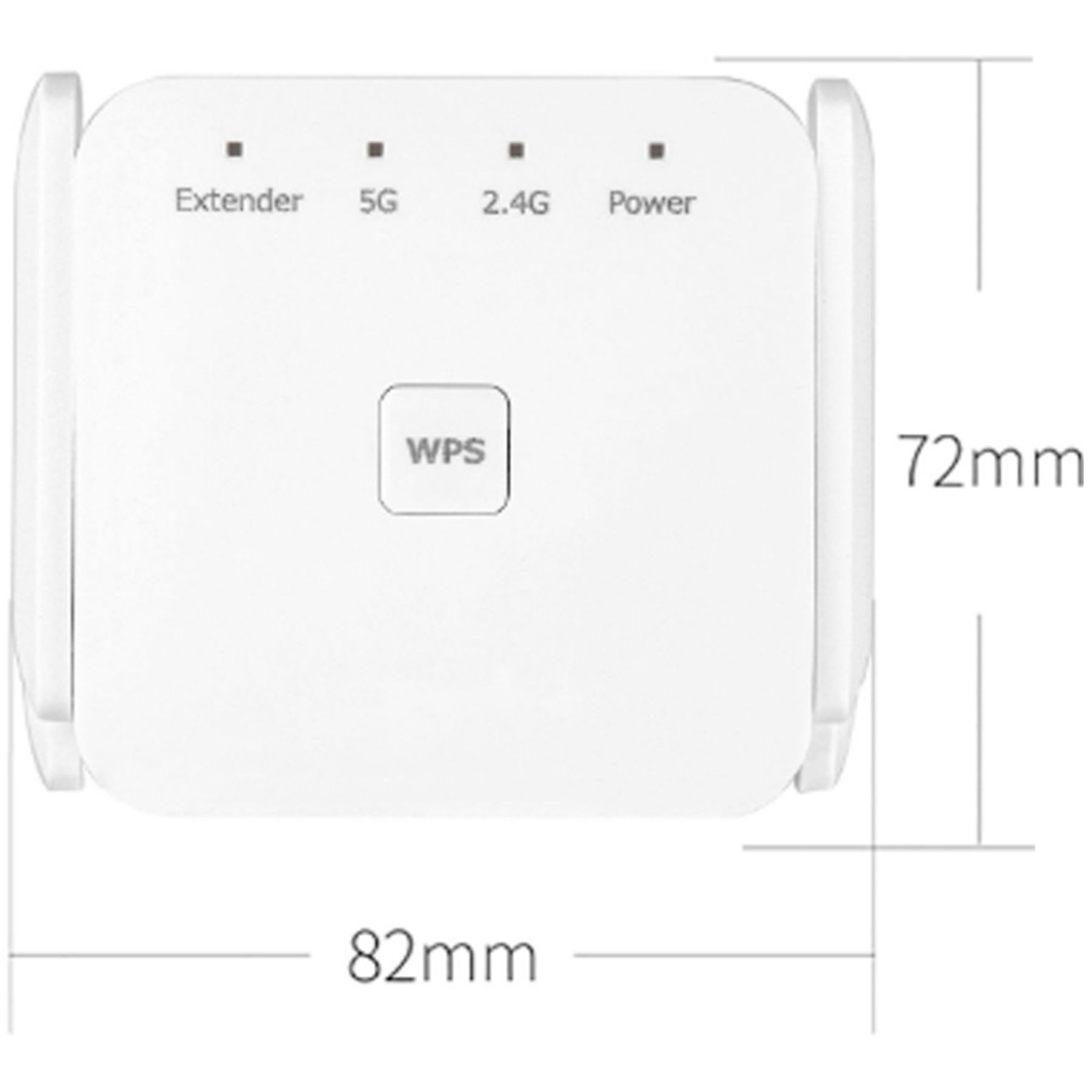 Weißer WLAN-Extender mit WPS-Taste und Kontrollleuchten. Abmessungen sind 82 mm x 72 mm. Enthält Extender-, 5G-, 2,4G- und Power-Anzeigen.
