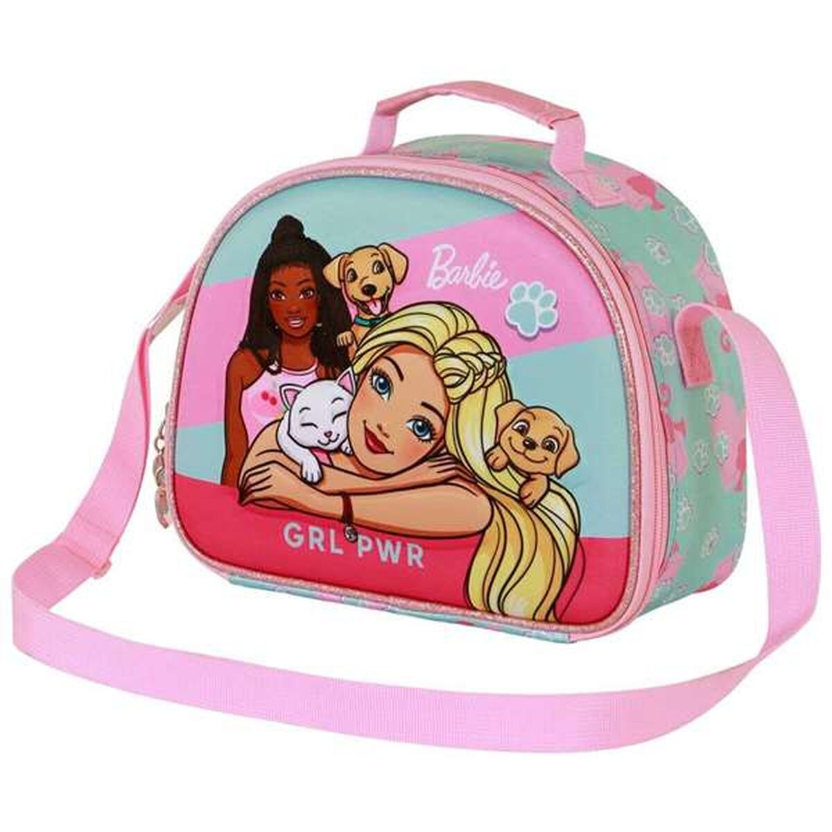 Eine rosa Barbie-Lunchtasche mit Illustrationen von Barbie, Freunden und Welpen. Die Worte GRL PWR stehen unten.