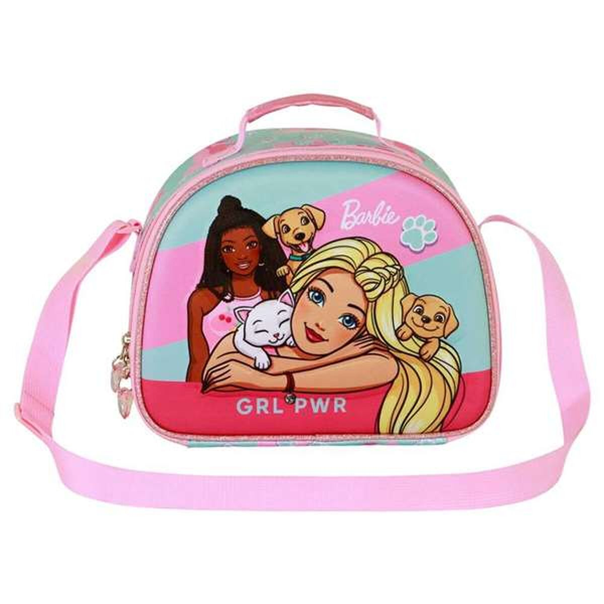 Rosa Barbie-Lunchpaket mit Bildern von Barbie, einer schwarzen Frau, Welpen und einer Katze. Es hat einen rosa Gurt und Griff.