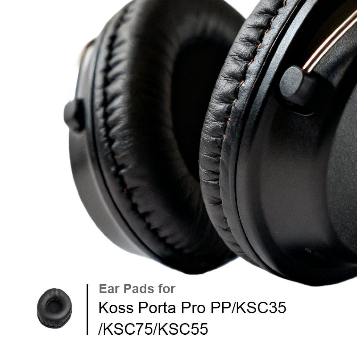 Zbliżenie czarnych słuchawek z szytymi skórzanymi nausznikami. Tekst: 'Nauszniki do Koss Porta Pro PP/KSC35/KSC75/KSC55'.