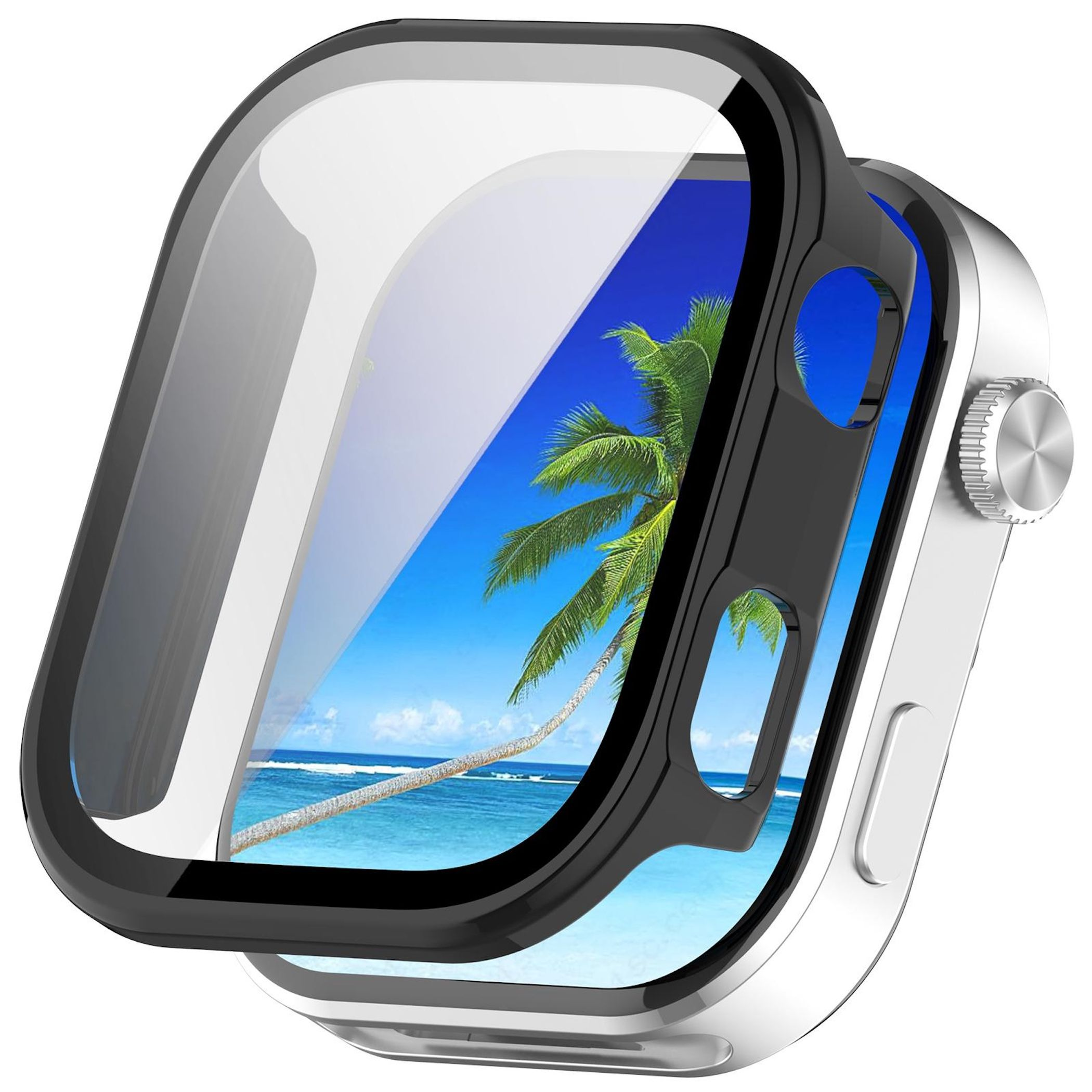Orologio argentato con cassa nera e schermo che mostra una scena di spiaggia con palme e cielo blu.