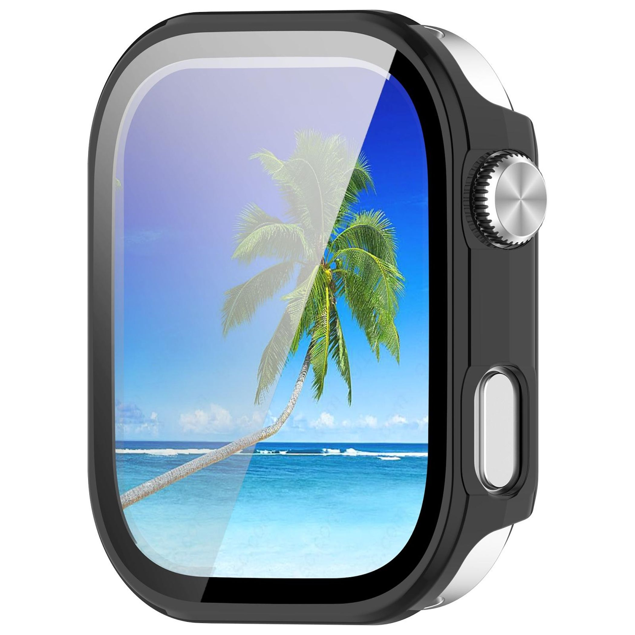 Smartwatch con schermo che mostra una palma su una spiaggia sotto un cielo blu. Cassa nera e argento.