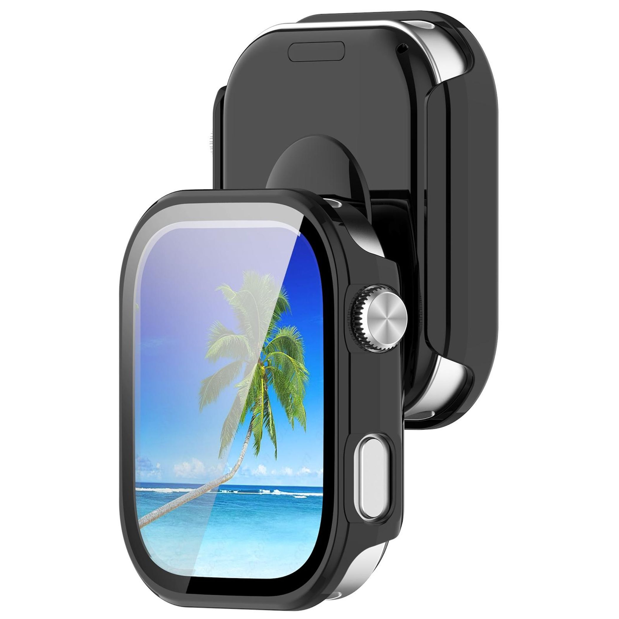 Smartwatch nera con schermo a scena di spiaggia. Ha un pulsante e una cornice argentati. Lo sfondo è bianco.