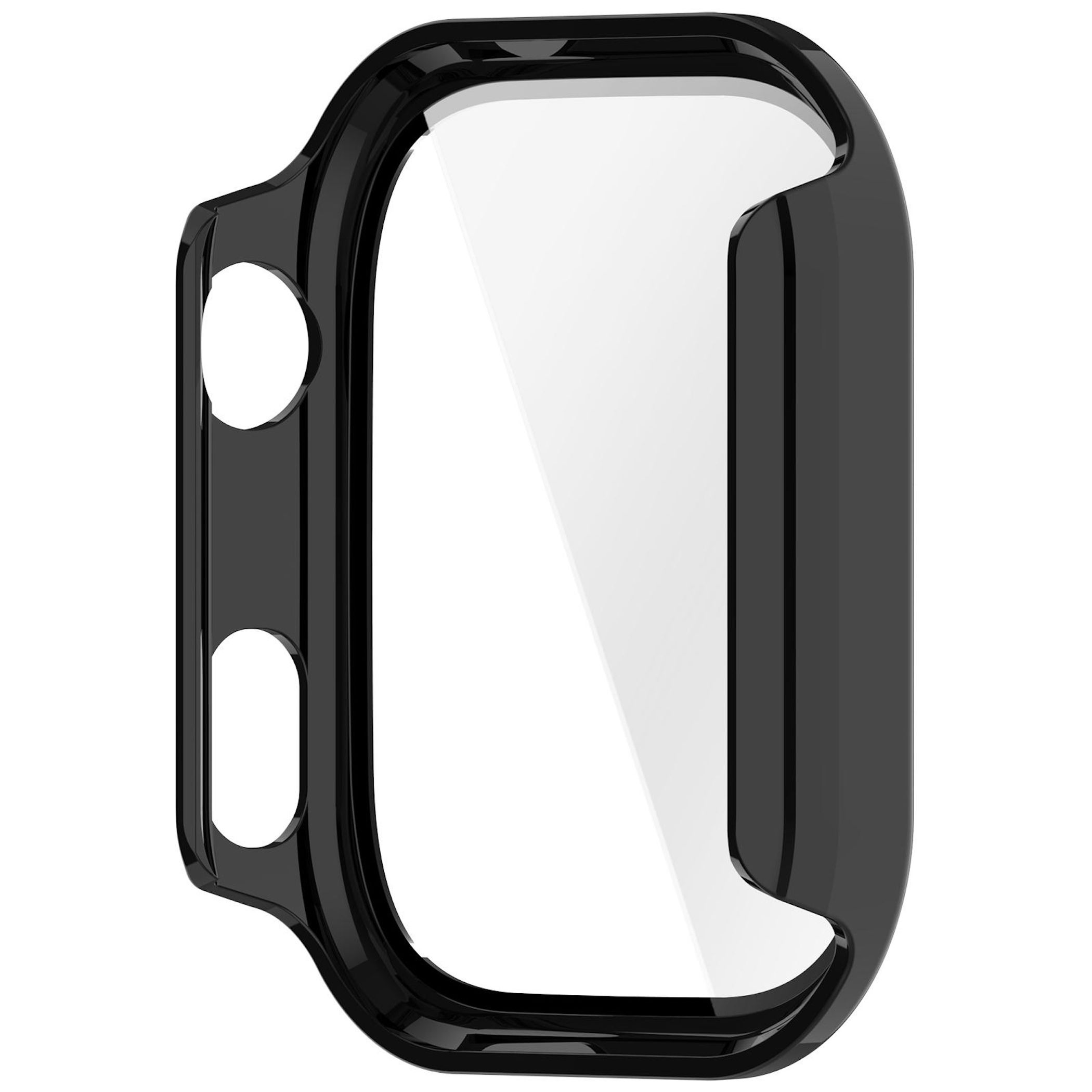 Una custodia nera per smartwatch con protezione schermo trasparente. Ha due ritagli circolari e un design curvo.