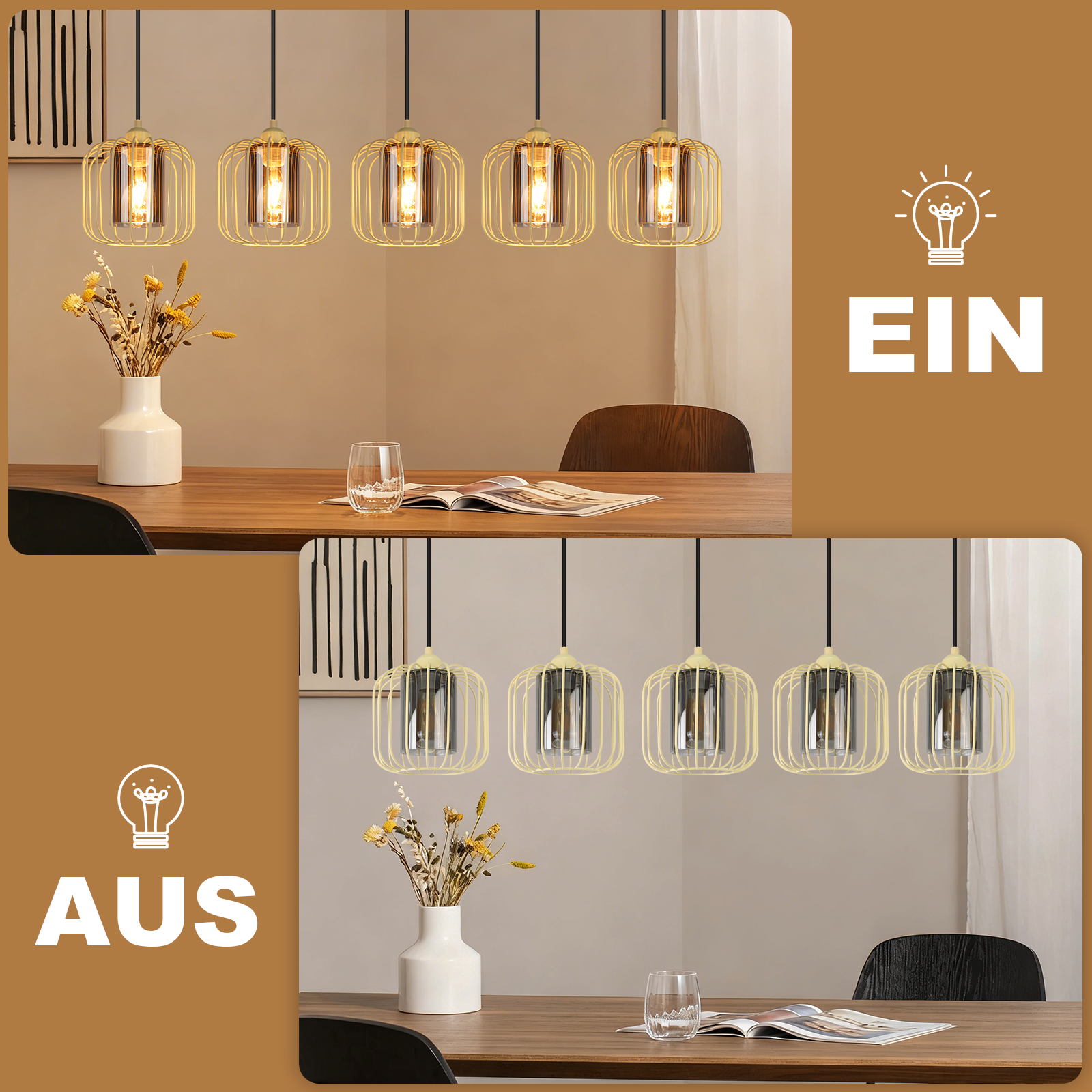 Esszimmer mit Lampen an/aus. Tisch mit Vase, Glas, Buch und Stuhl. Zwei Zustände werden gezeigt.