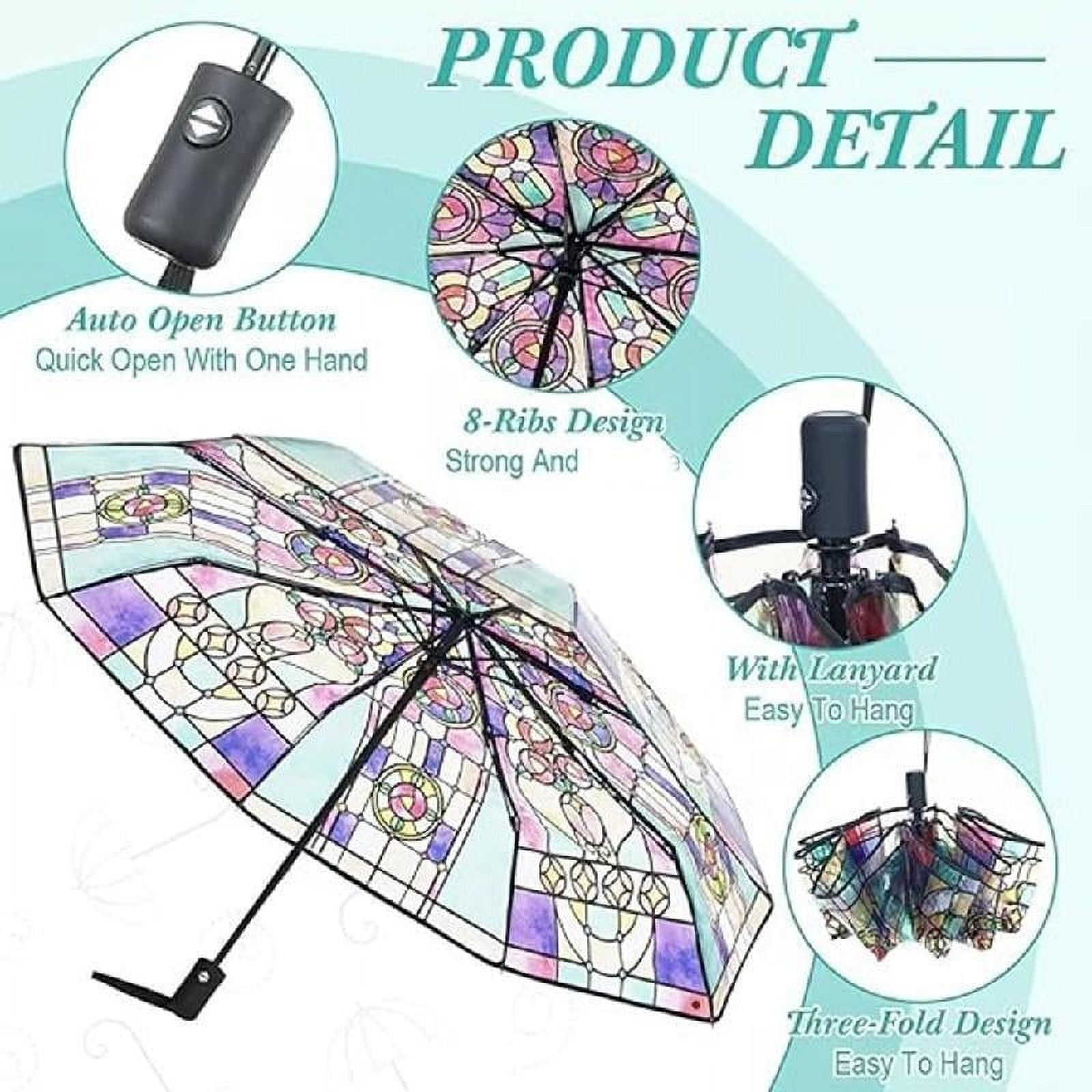 Ein Regenschirm mit Buntglasdesign. Zu den Merkmalen gehören eine automatische Öffnung, 8 Rippen, ein Schlüsselband und ein dreifaches Design.