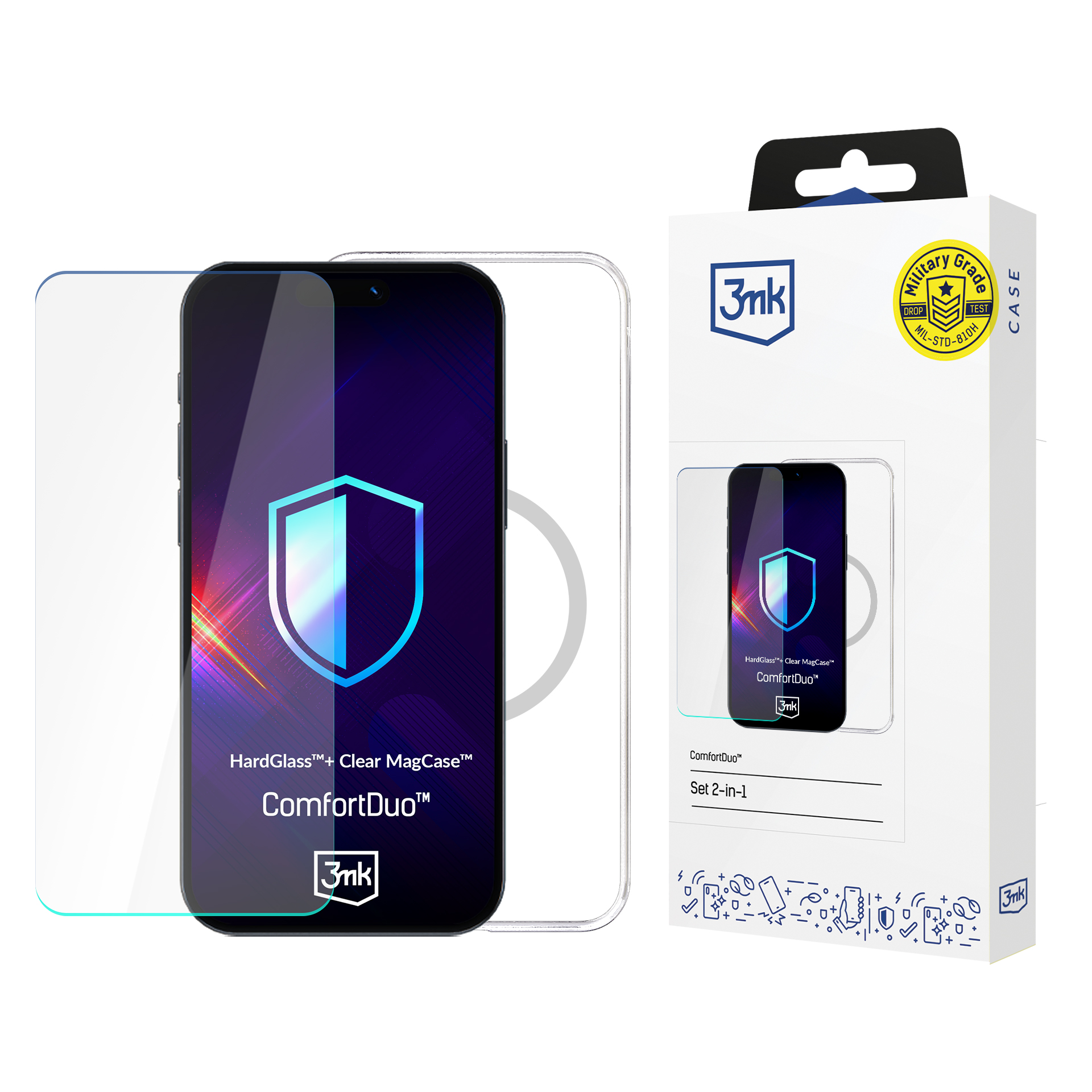 Un telefono e un set di protezioni per schermo davanti a una confezione del prodotto. La scatola mostra un'immagine del telefono con un logo a scudo.