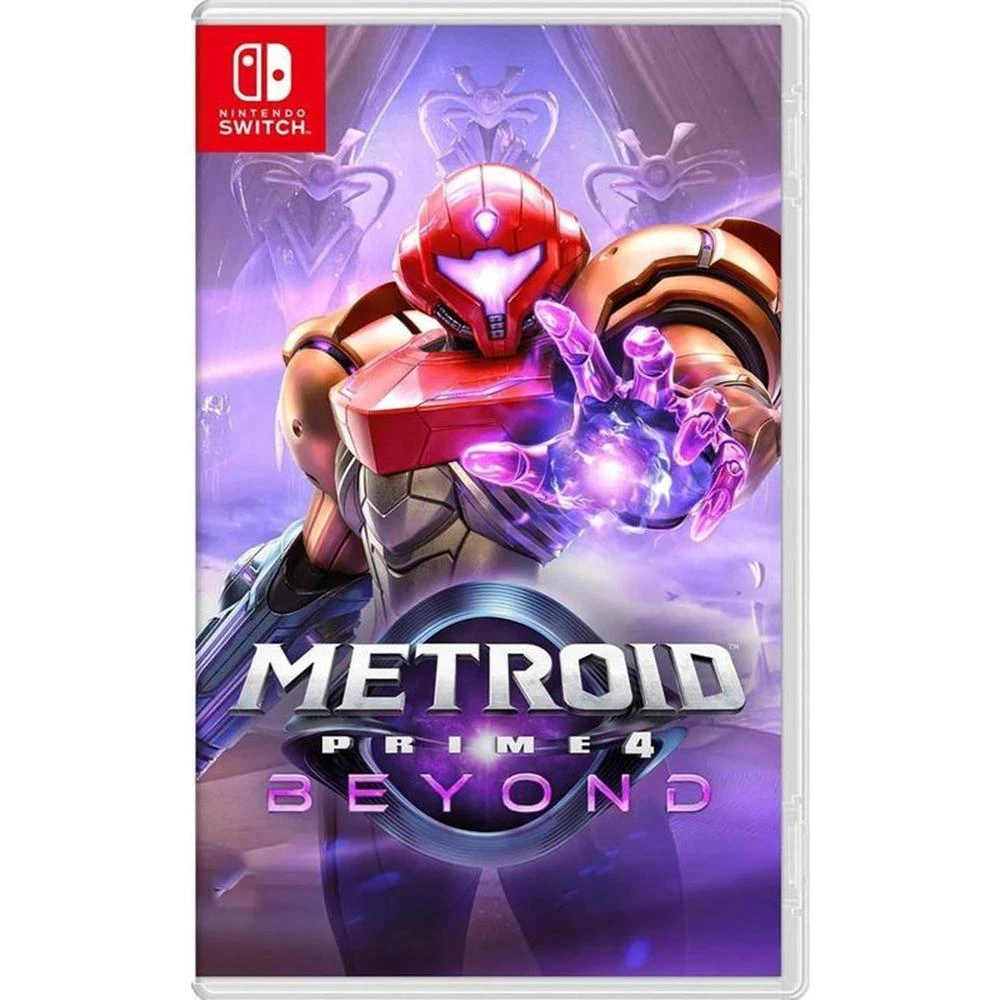 Okładka gry Metroid Prime 4 Beyond na Nintendo Switch. Samus Aran w zbroi trzyma świecącą kulę energii. Tło jest fioletowe.