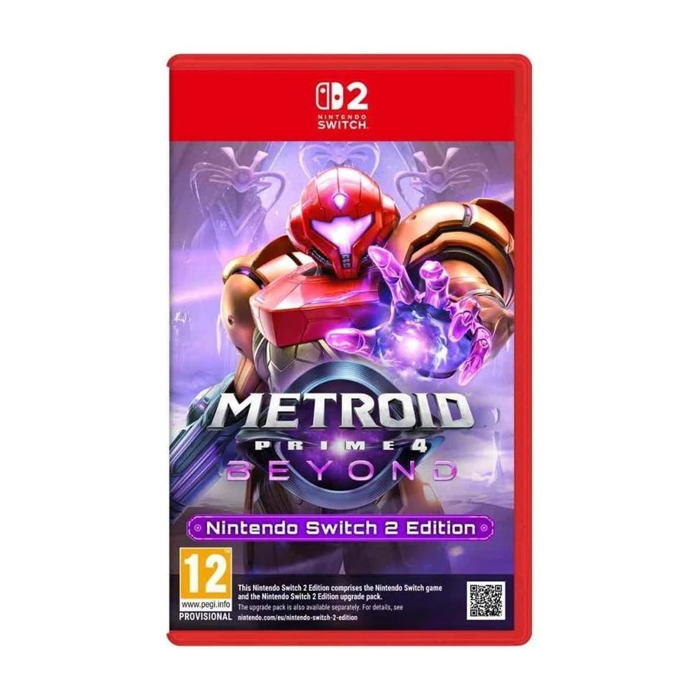 Pudełko gry Metroid Prime 4: Beyond. Czerwona postać w zbroi z fioletową sferą energii, logo Nintendo Switch.