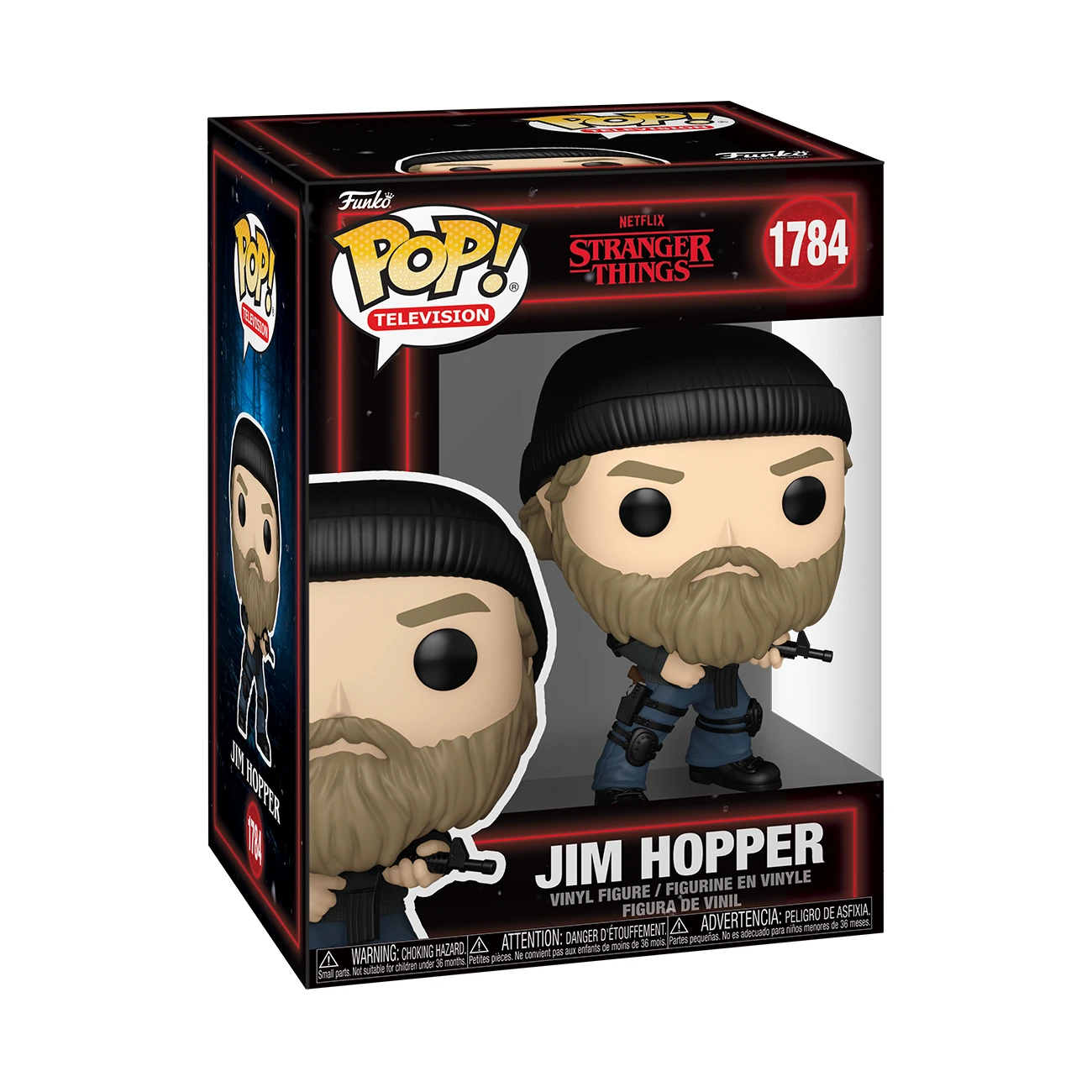 Eine Funko Pop-Box mit Jim Hopper aus Stranger Things. Die Figur trägt eine schwarze Mütze und hält eine Waffe. Die Box hat ein Show-Logo.