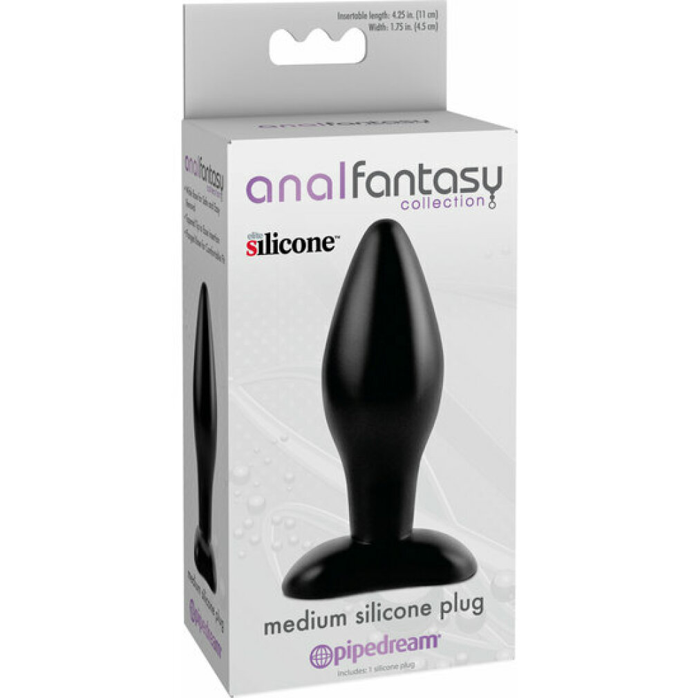 Ein schwarzer Silikon-Analplug wird in seiner Verpackung gezeigt. Die Verpackung ist weiß mit Text in Lila und Schwarz, mit Abmessungen.