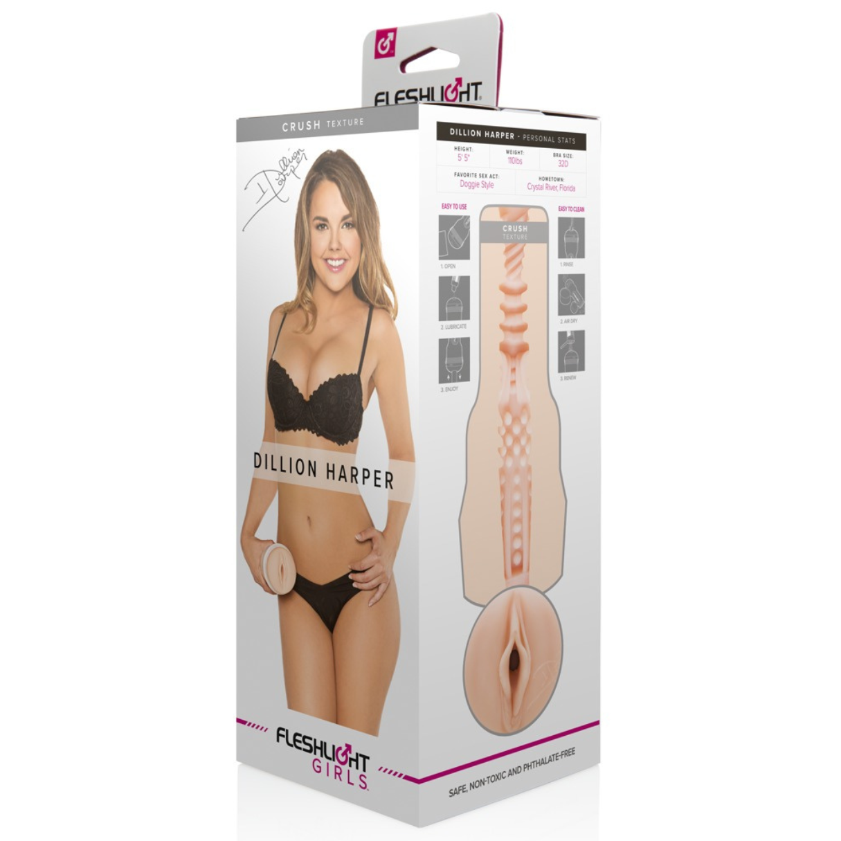 Eine Frau in Dessous hält eine Fleshlight-Box. Die Box zeigt das Produkt, mit Details und Anweisungen. Der Markenname ist sichtbar.