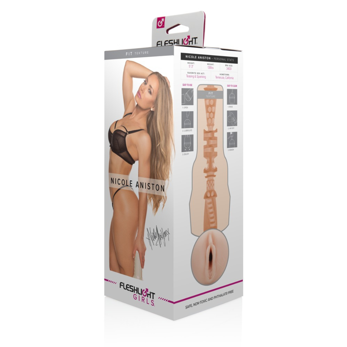 Schachtel mit Frau und Produktdiagramm. Die Schachtel hat Text und Bilder, darunter den Namen Nicole Aniston.